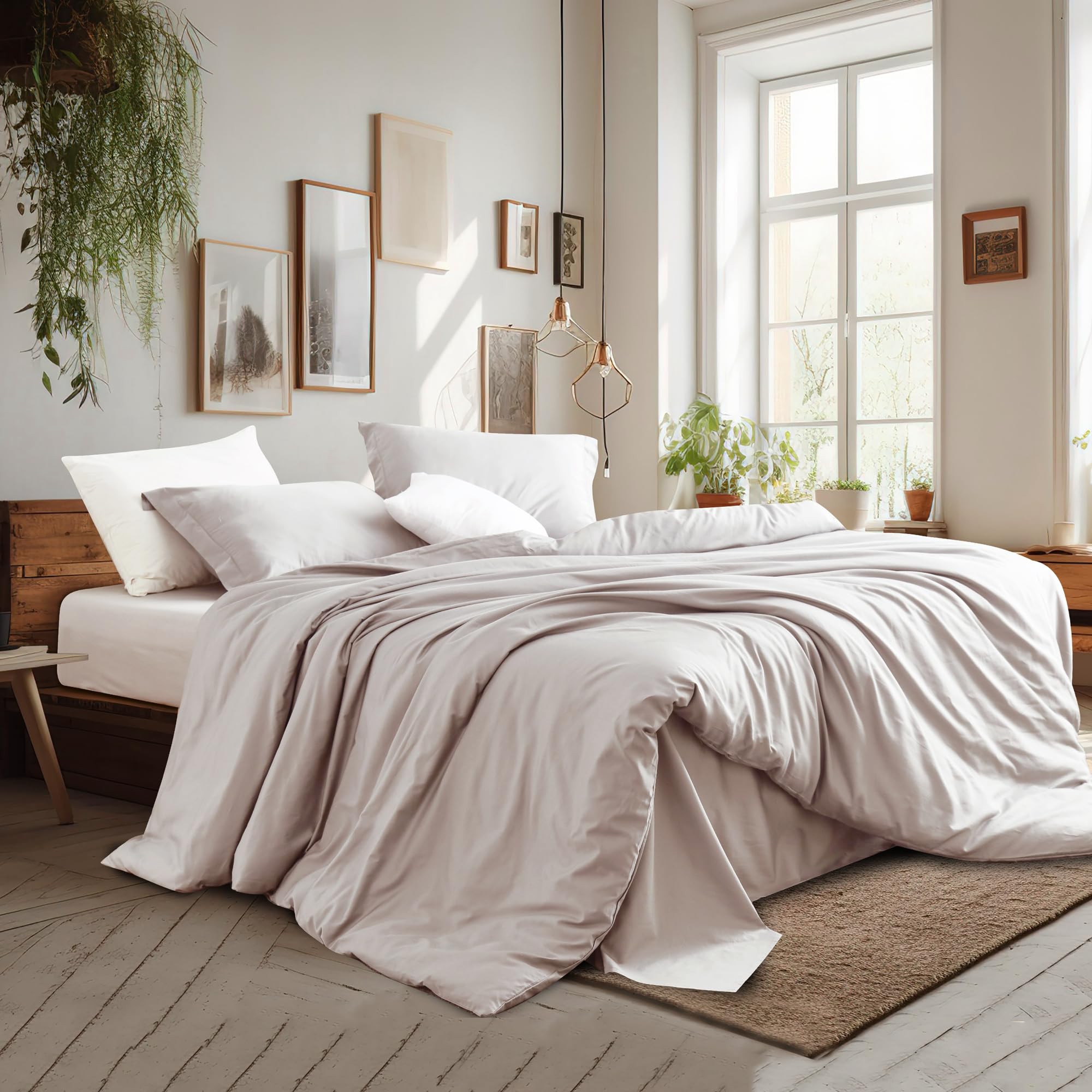 Photo 1 of 100% Cotton Duvet Cover Set Full Size - 400 Thread Count Sateen Egyptian Cotton Duvet Cover, Easy Change Soft Durable Breathable Bedding, Hidden Button Closure & Corner Ties - Light Beige
