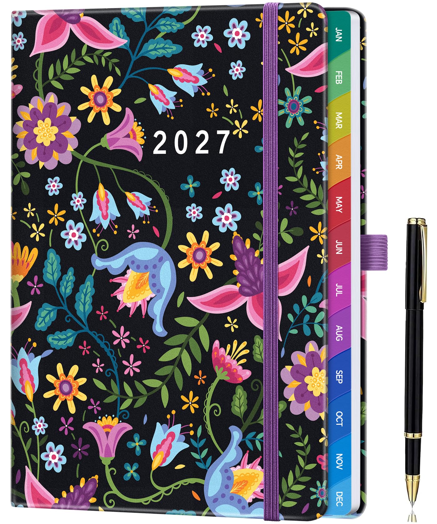 ZXHQ 2027 Diary A5 Week to View, Jan - Dec, 2027 Full Year Weekly and Monthly Planner, Colorful Tabs, UK Holiday, with Pen, Inner Pocket - Boho Garden