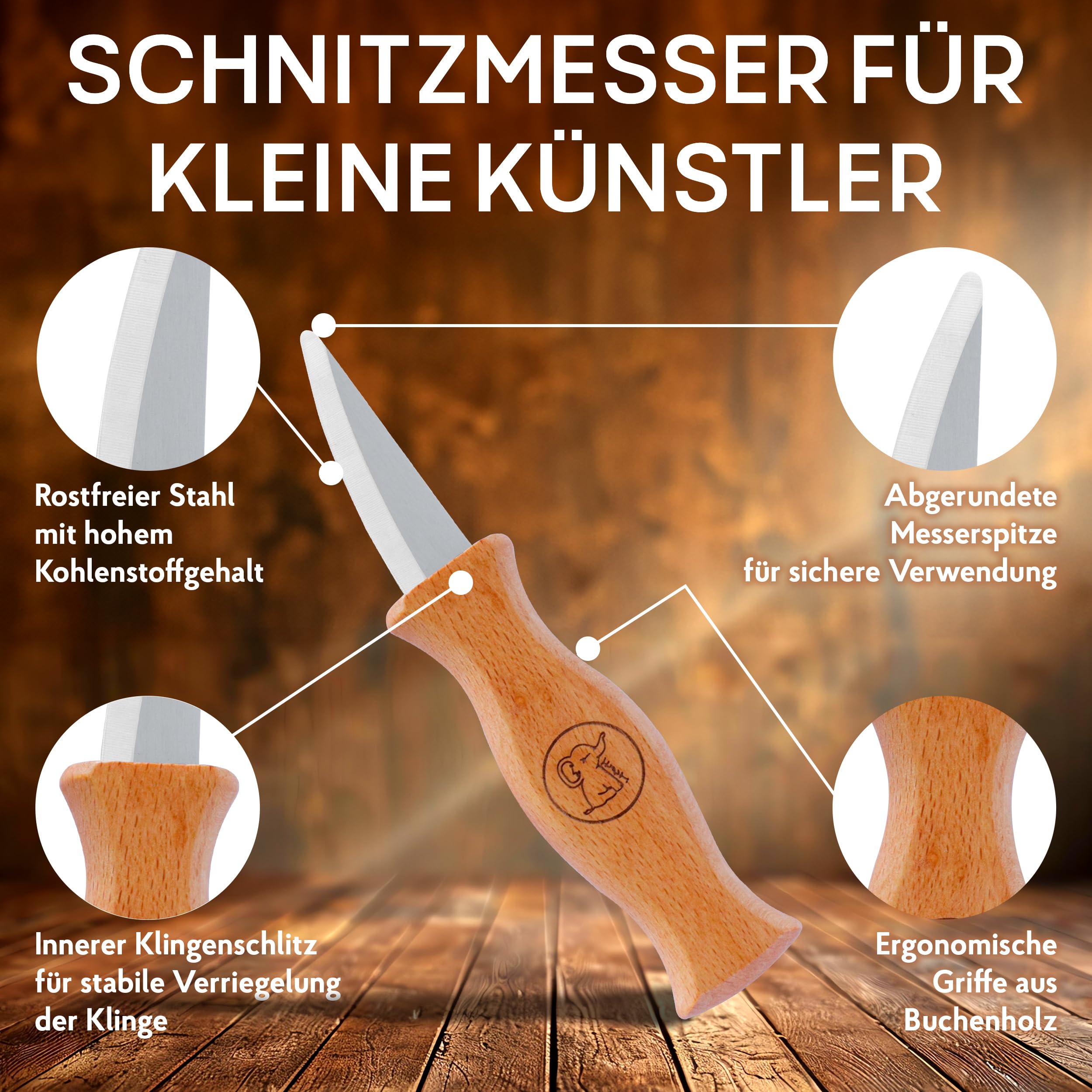 Eli® Schnitzmesser Kinder Set ab 6 Jahre inkl. Handschuhe und Schnitzholz | hochwertiges 15-teiliges Kindermesser Schnitzset - Kinderschnitzmesser - Schnitzwerkzeug - Taschenmesser - schnitzen Geschenk