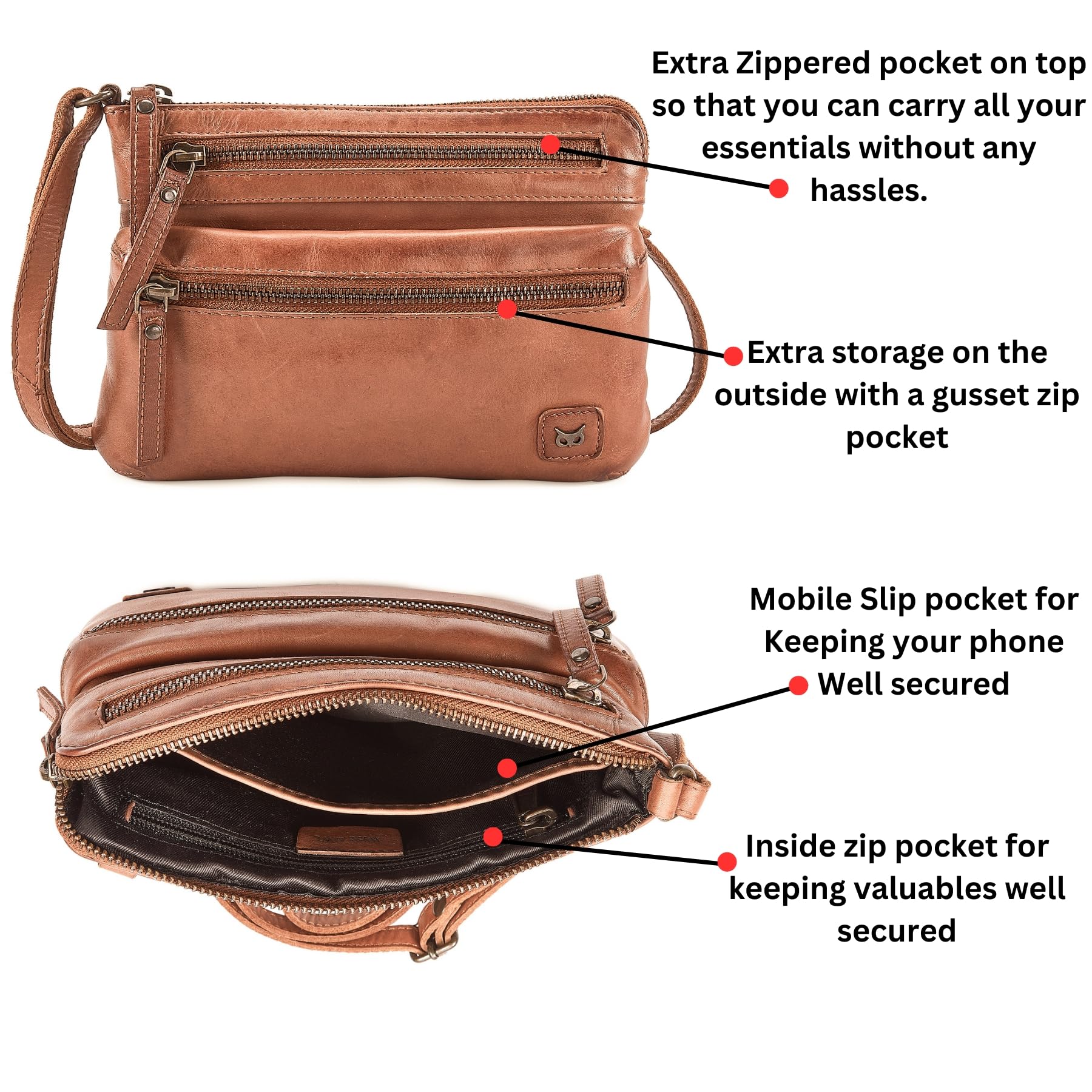 Wise Owl Accessories Bolso bandolera pequeño de cuero real con triple cremallera para mujer - Bolso bandolera cruzado vintage de primera calidad (Vintage lavado coñac)