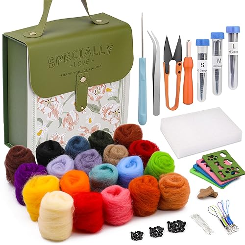 Mayboos Needle Felting Kit, Wool Roving 20 Colors Set, Wool Felting Kit Felt Molds with Portable Storage Box for DIY Craft Home Decoration (Green Bag) - Green