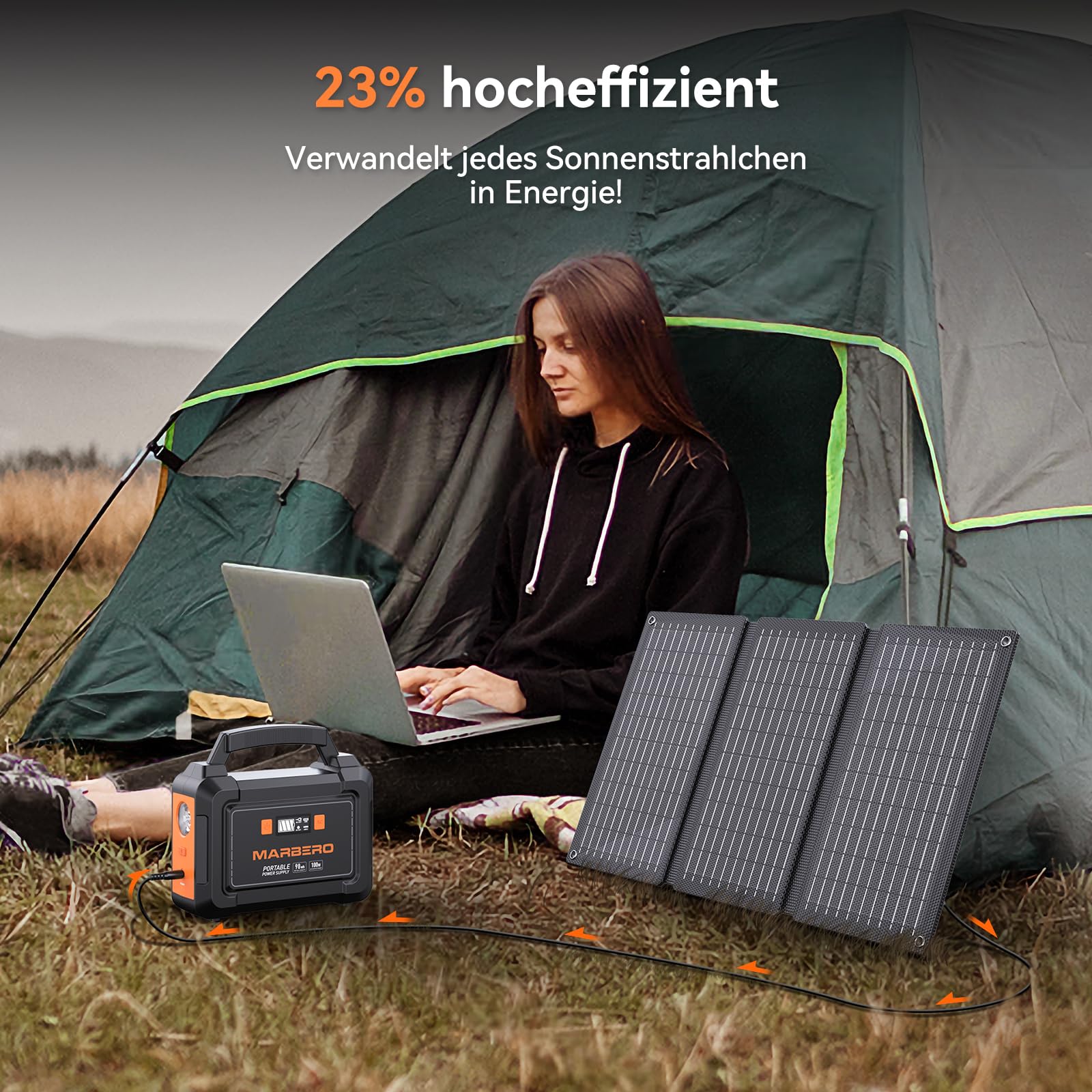 MARBERO Portable Power Station 98Wh mit 30W faltbarem Solar Panel 150W Solargenerator Outdoor Batterie mit DC Ausgängen für Wohnmobil Road Trip Abenteuer Camping Zuhause Stromausfall Notfall
