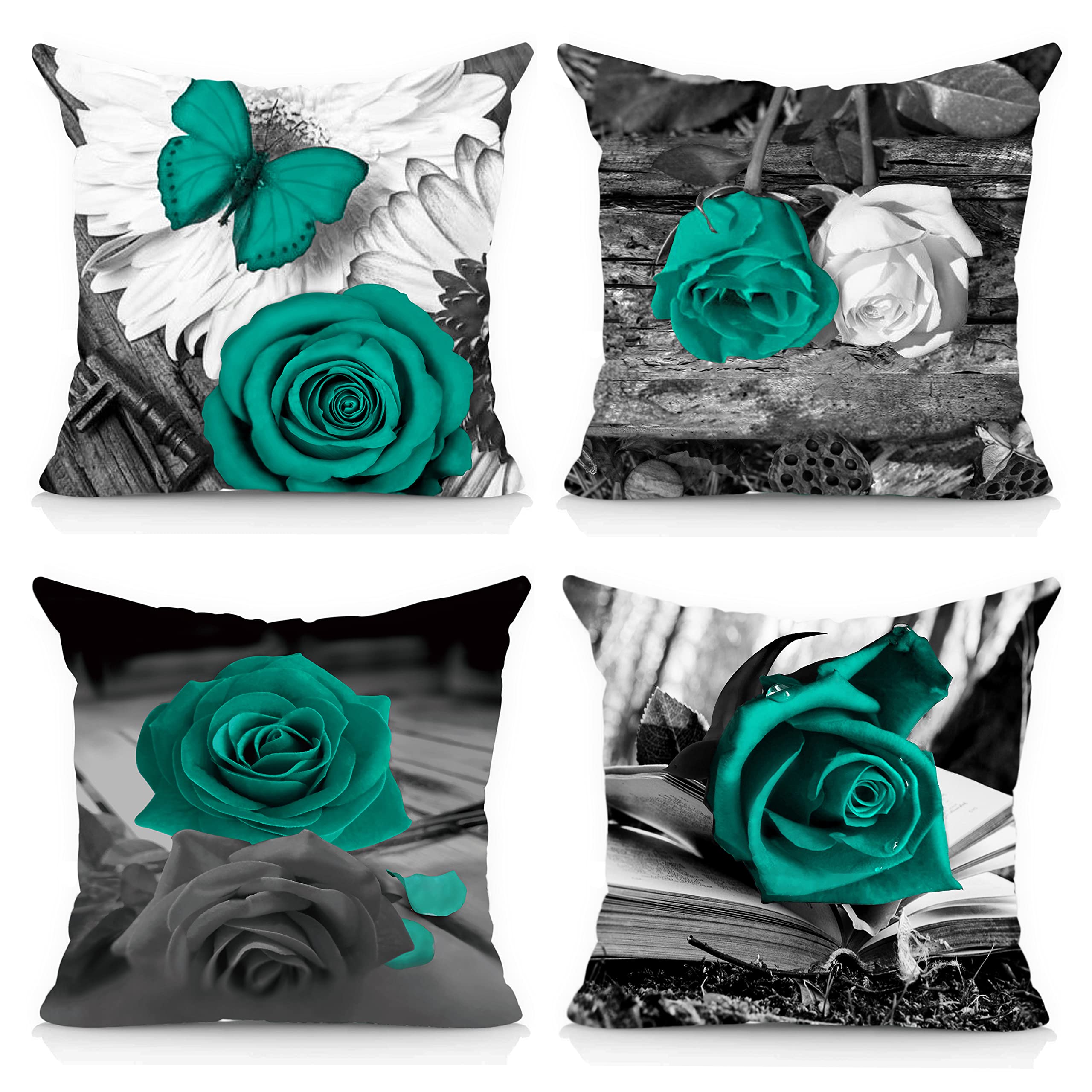 Okasion Flower Throw Pillow Covers Teal Gray Decorative Couch Pillow Covers Sofa Bed Square Floral Summer Outdoor Pillow Covers Turquoise Rose Linen