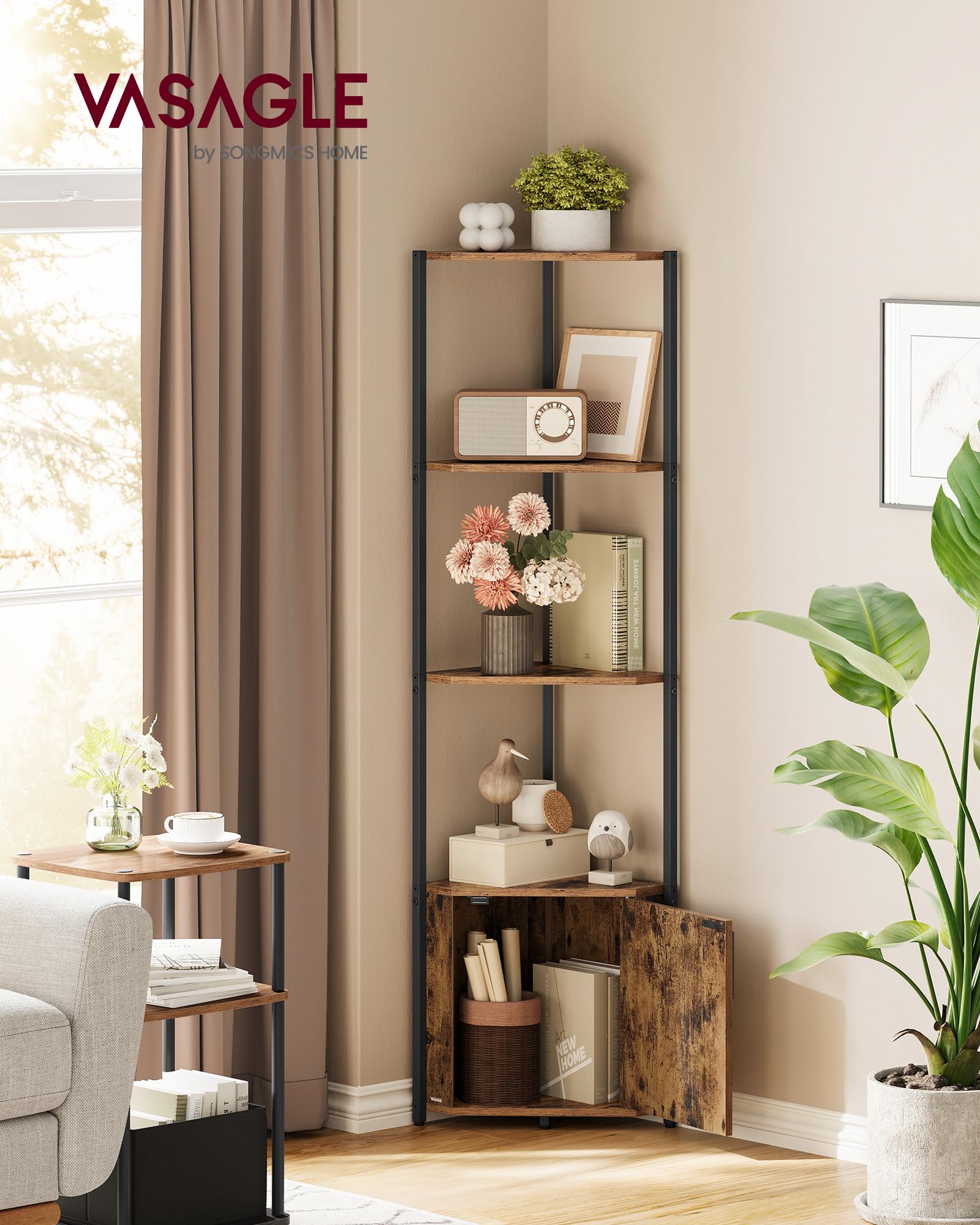 VASAGLE Étagère d’Angle, avec Placard, Meuble d’Angle à 5 Niveaux, Étagère de Rangement, pour Salon, Chambre, Cuisine, Salle de Bain, Marron Rustique et Noir d'encre LBC580K01