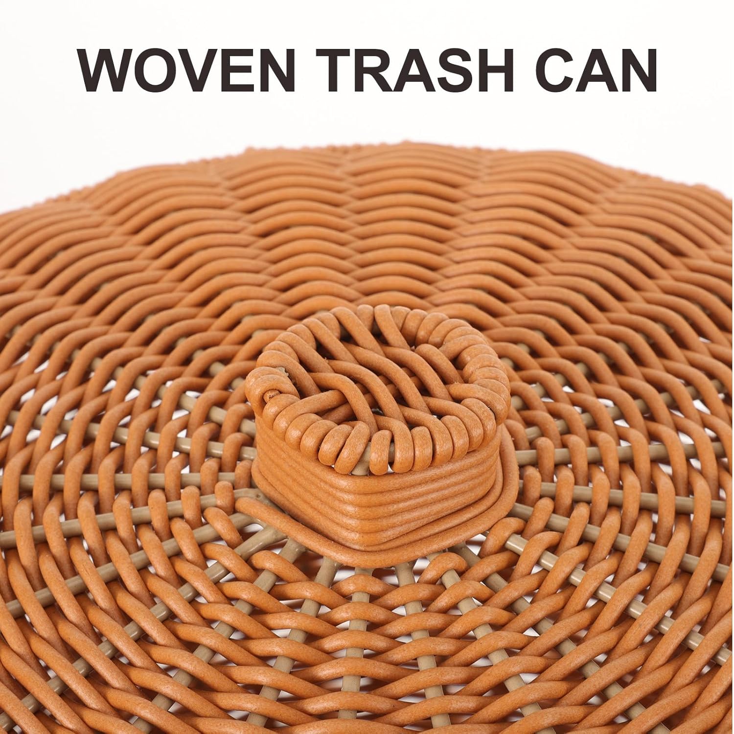 Woven Storage Basket with Lid, Handmade Plastic Woven Trash Can, Decorative Multipurpose Storage Bin for Home and Living Room Organization