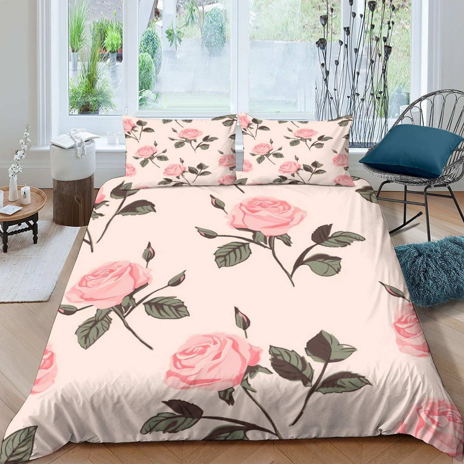 Housse de couette imprimée roses parure lit microfibre infroissable 220x240