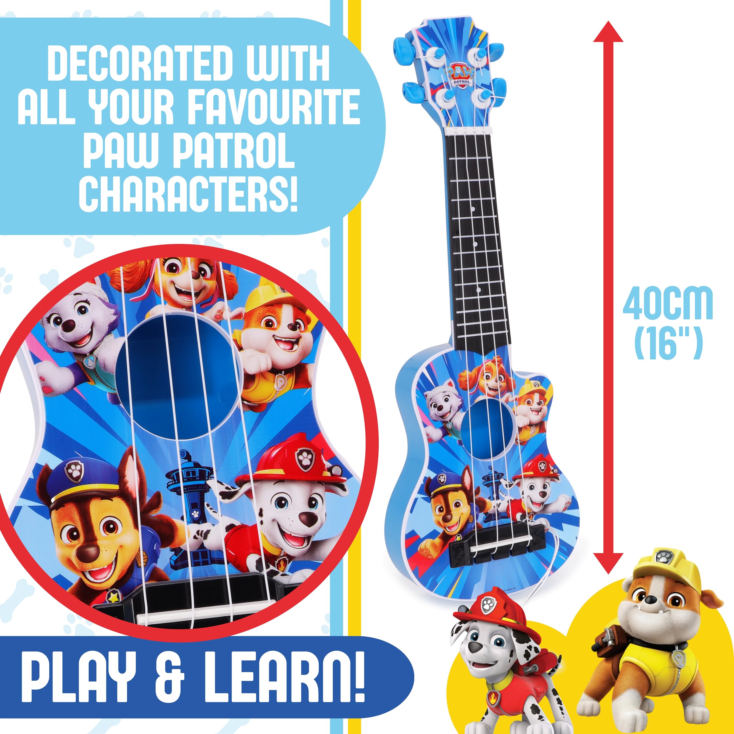 Toyland® 40 cm (16") Paw Patrol La mia prima chitarra con plettro incorporato - Strumento musicale da accordare e suonare - Divertente giocattolo musicale per bambini - Età 3+