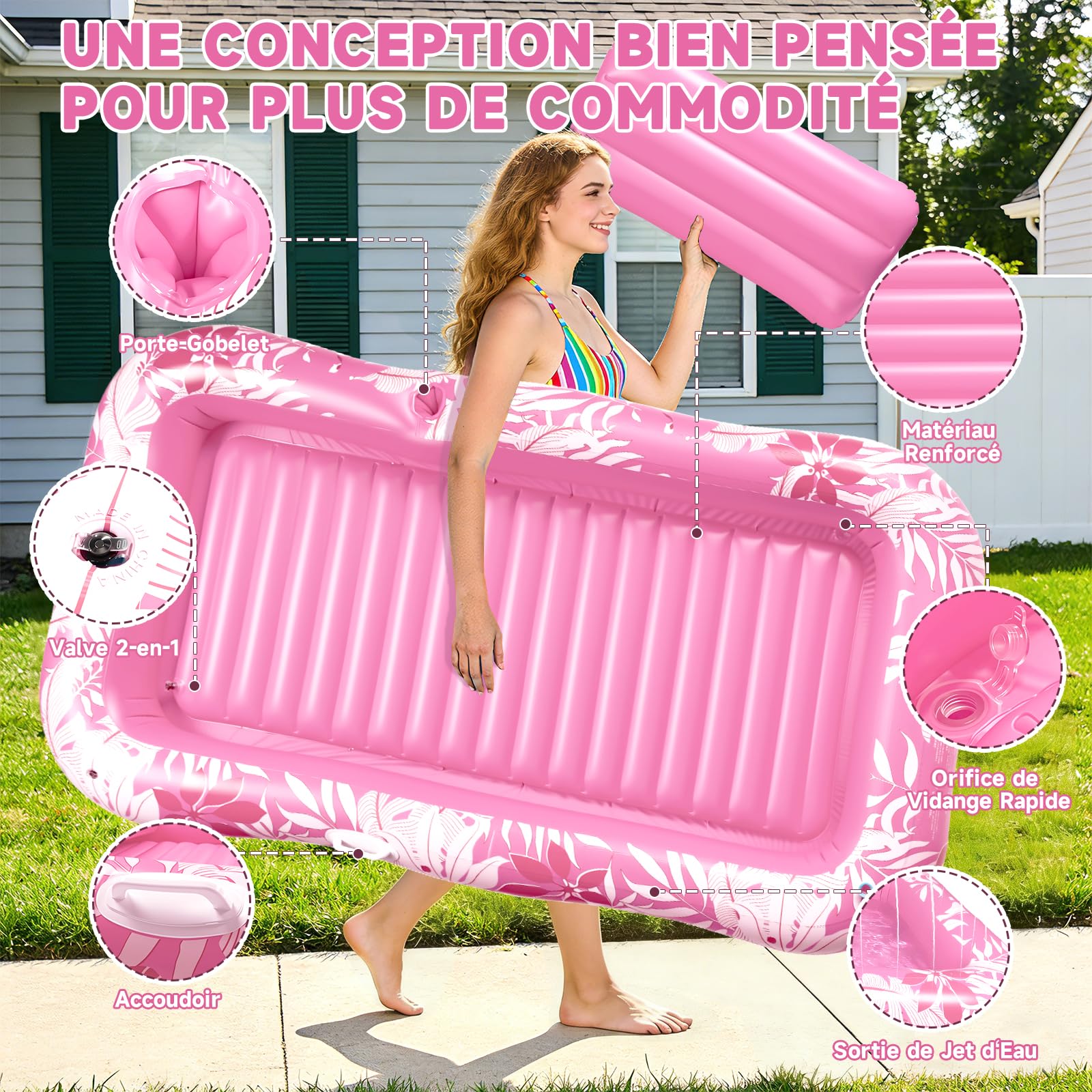 Matelas Gonflable Piscine avec Arroseur, Hamac Gonflable Piscine avec Coussins Et Porte-Gobelets, Imprimé Matelas De Bronzage 210 * 130 cm pour Piscine, Jardin, Pelouse Et Plage