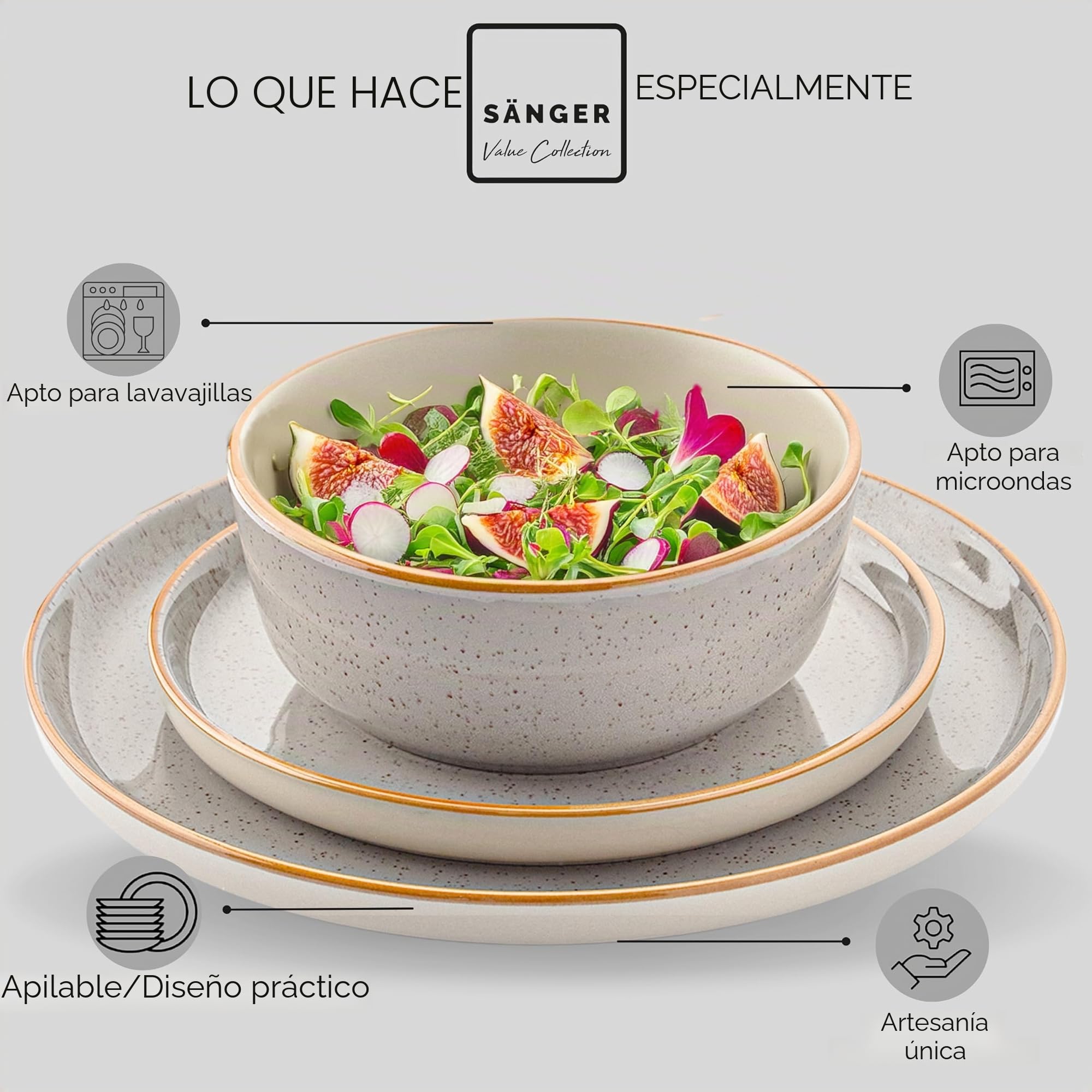 SÄNGER Rio Pearl Grey Vajilla de 18 piezas, vajilla de gres, juego de vajilla para 6 personas, 6 platos llanos, 6 platos de postre, 6 cuencos y cuencos grises, colección Value Collection
