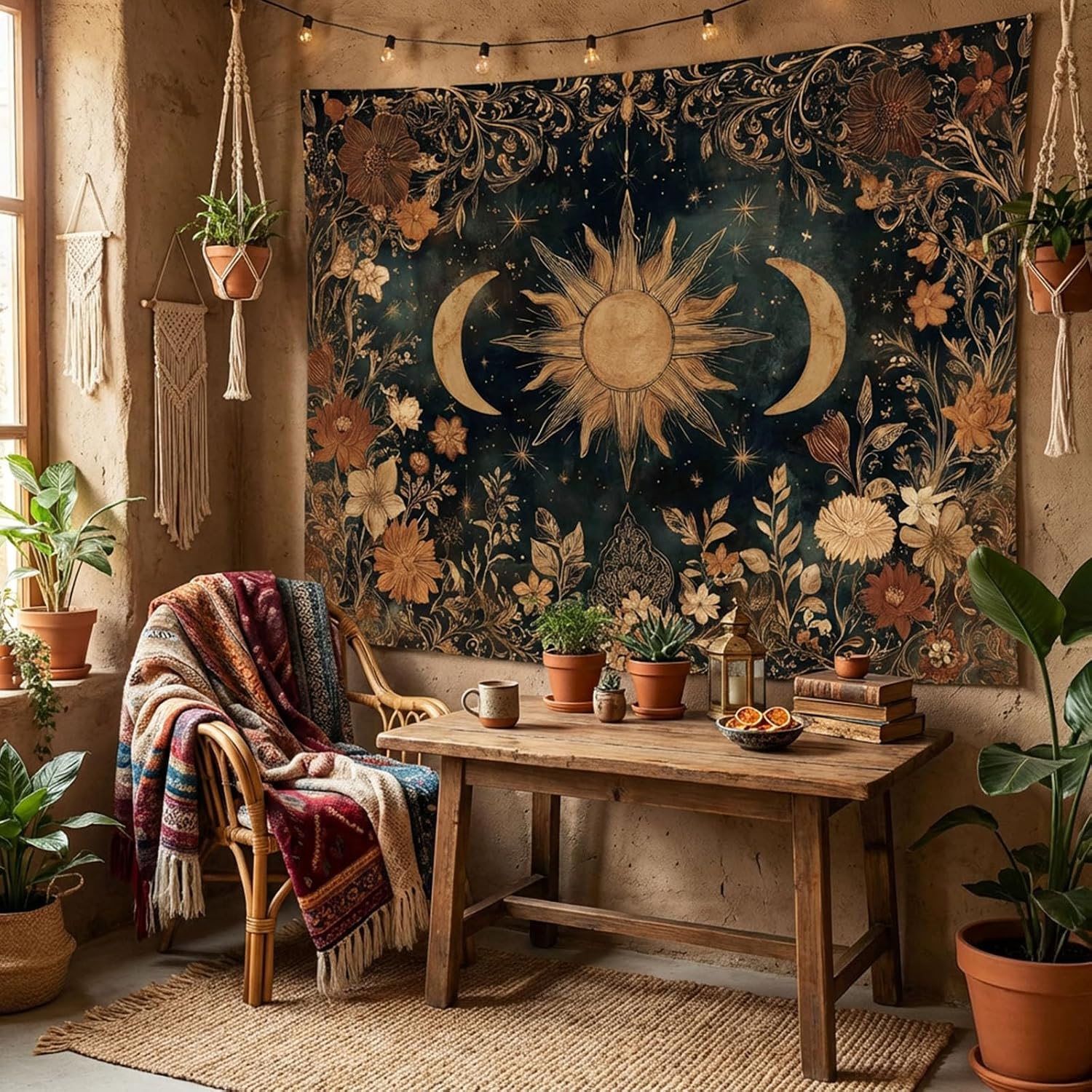 Gruaoihy Vintage Sun and Moon Tapestry, Retro Aesthetic Floral Wall Hanging for Bedroom Dorm Decor, 36x48 inches