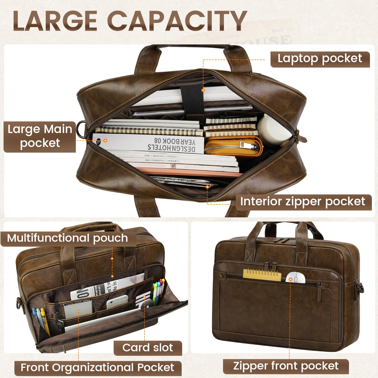 RAINSMORE Bolso Bandolera Hombre Impermeable Cuero Maletin Portatil 16 Pulgadas Vintage