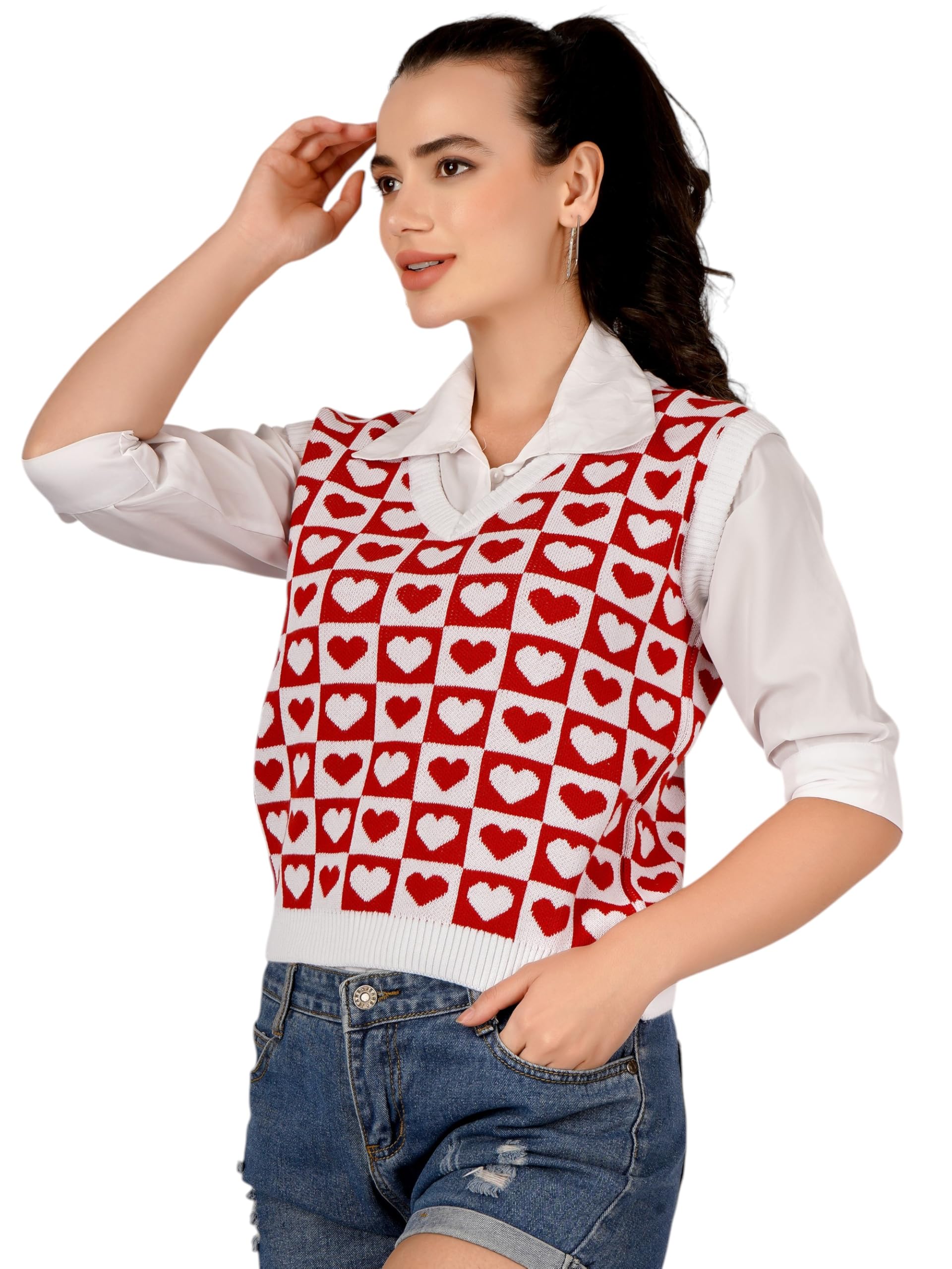 Women's Stylish V-Neck Sleeveless Sweater – Trendy Printed Design, Lightweight & Perfect for Layering or Standalone Wear