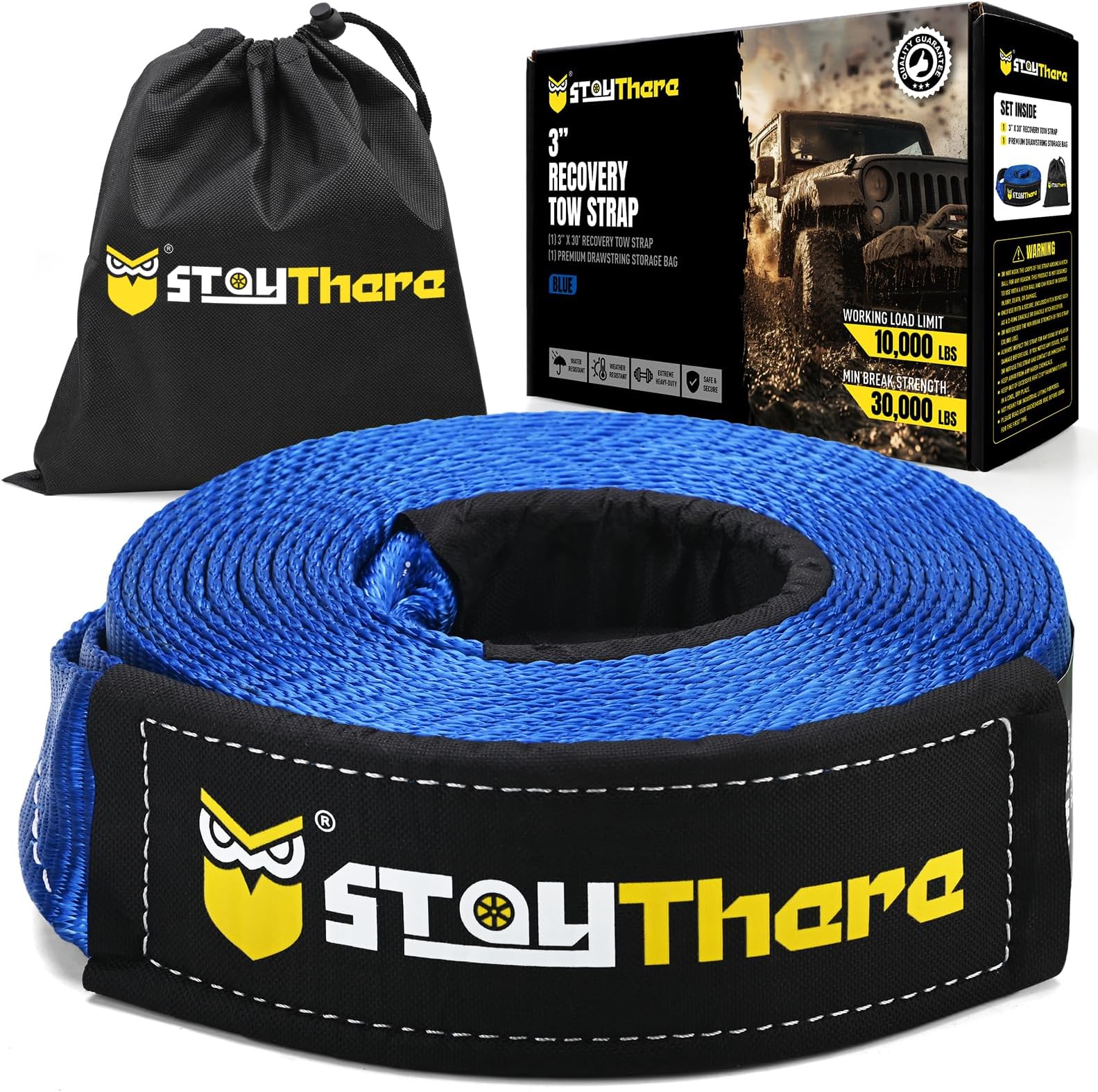 Stay There 3'' x 30 ft Recovery Tow Strap, Heavy Duty with 30,000 lb Capacity-Emergency Towing Rope for Recovery Vechiles-Storage Bag (Blue)