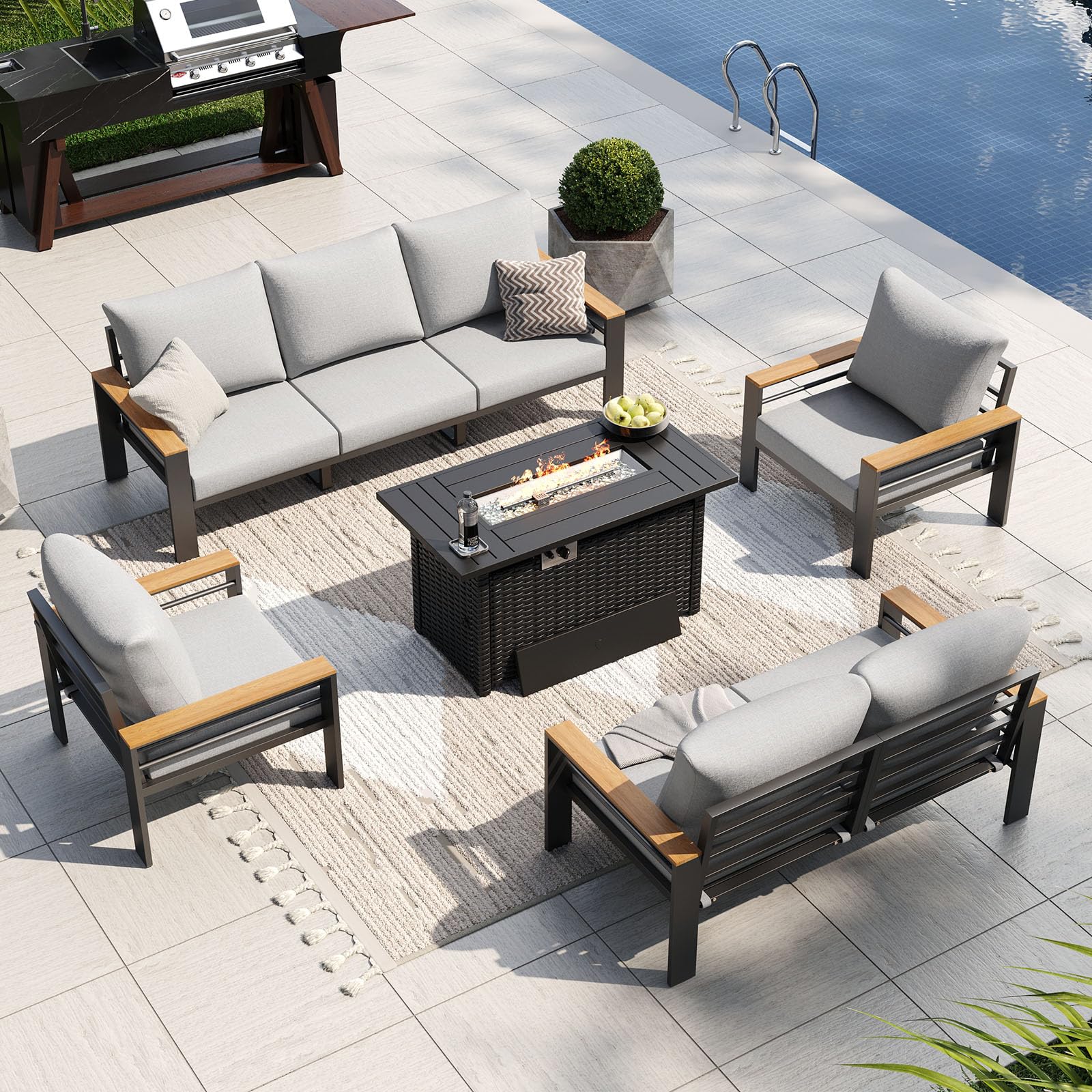 Aoxun Patio Furniture Set, Aluminum Outdoor Furniture with Fire Pit Table
