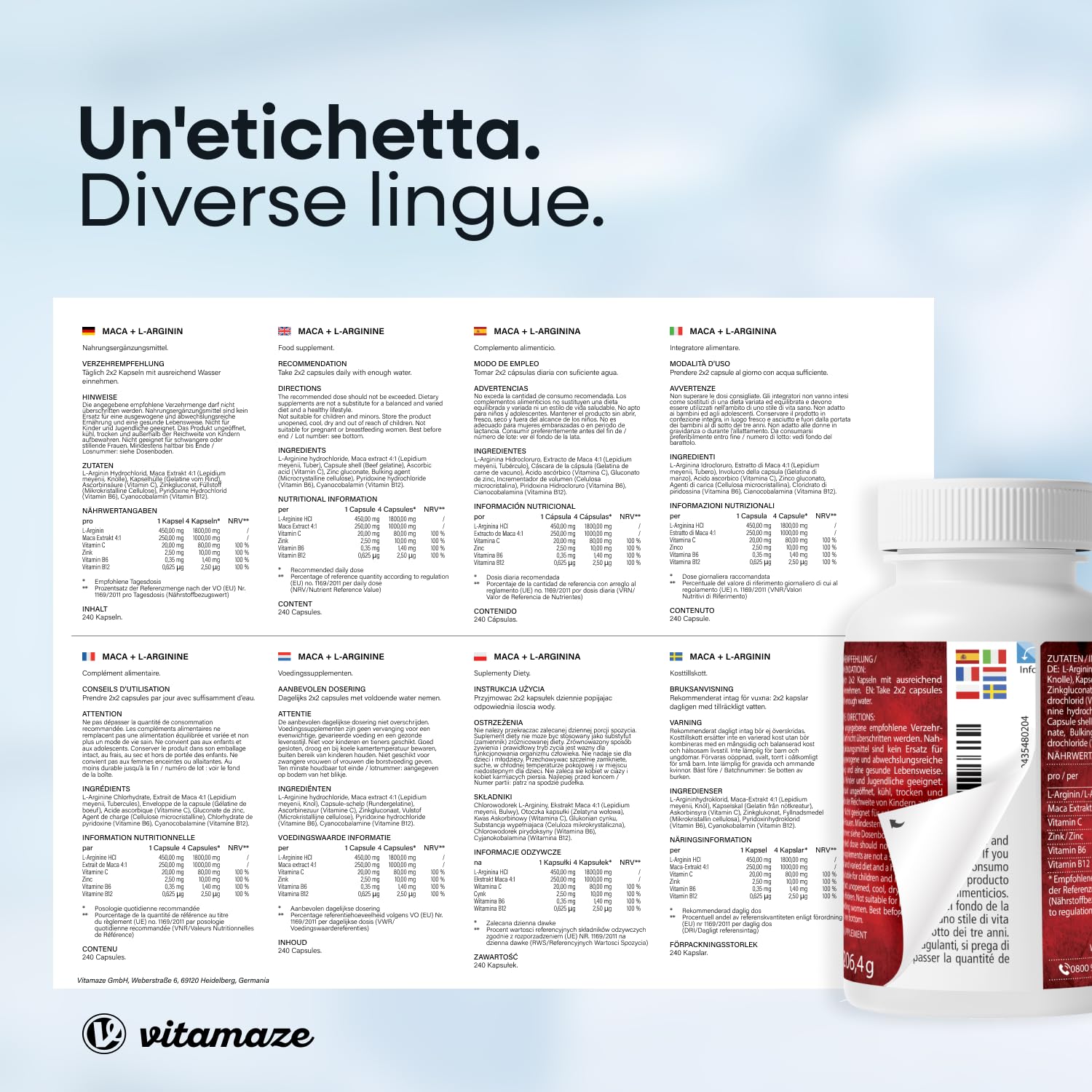 Vitamaze Maca Peruviana (con Maca Nera) Alto Dosaggio con L-Arginina, Zinco, Vitamina C, Vitamine B6 e B12, 240 Capsule, Prodotto in Germania, Integratore Alimentare Vegetale senza Additivi