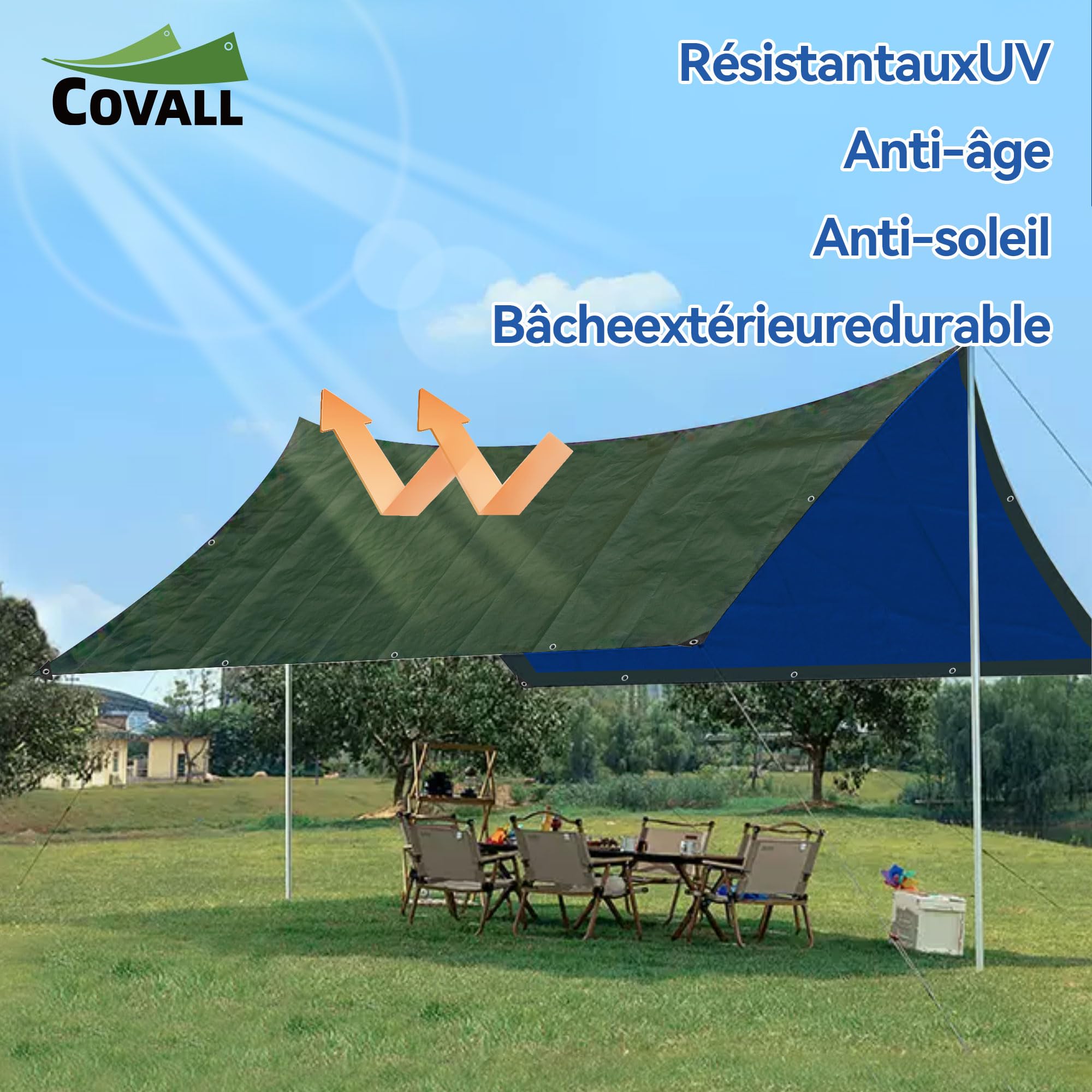 Bâche imperméable extérieure 6mx8m,75g/m²Multifonction pour Camion | Résistant UV et déchirure, œillets métalliques antirouille, vert & bleu, polyvalent pour voiture, jardin, camping