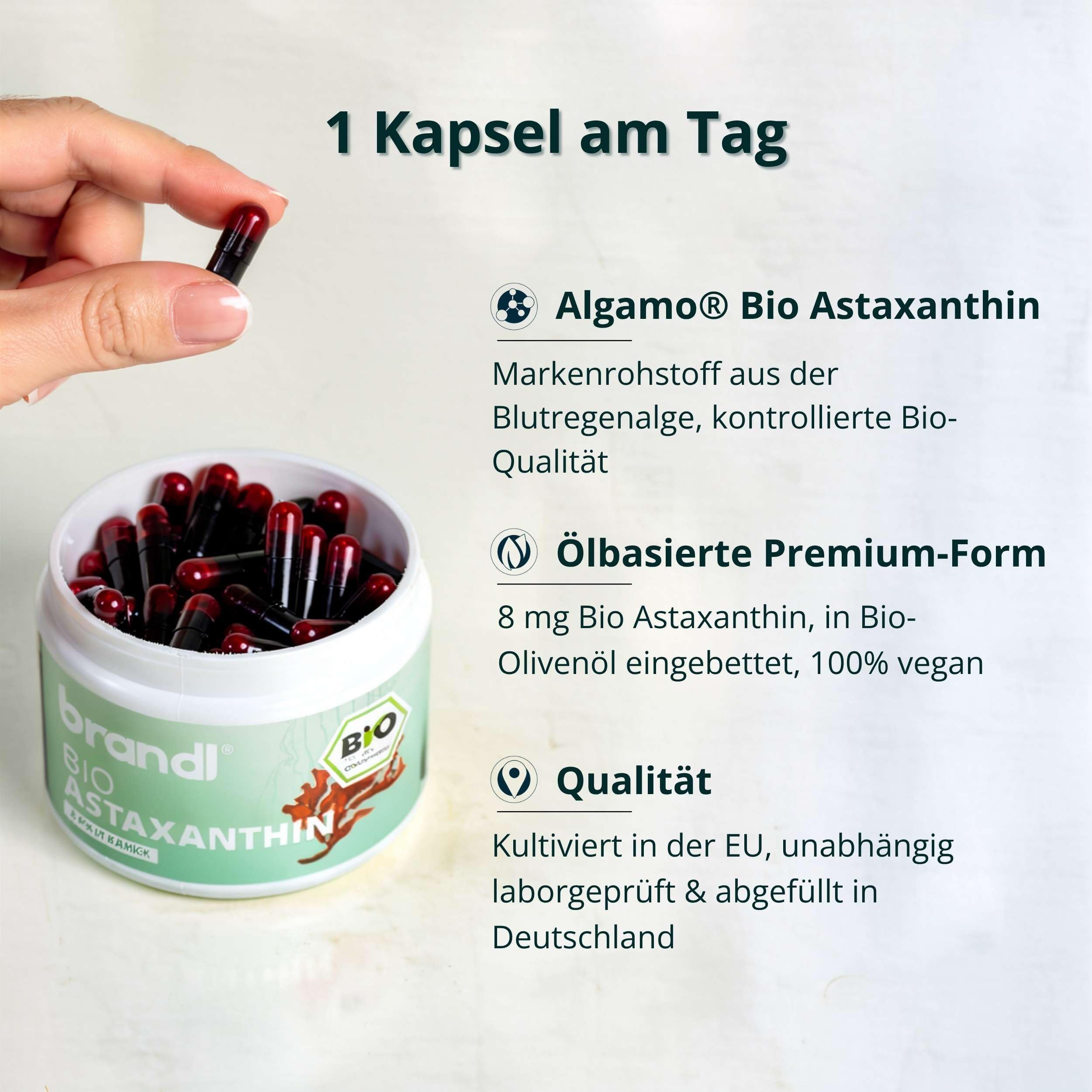 Astaxanthin hochdosiert Bio Kapseln mit Antioxidantien - 90 vegane Astaxanthinkapseln je 8 mg bio Astaxanthin brandl® - ohne Zusatzstoffe, abgefüllt in Deutschland Premium-Qualität, laborgeprüft