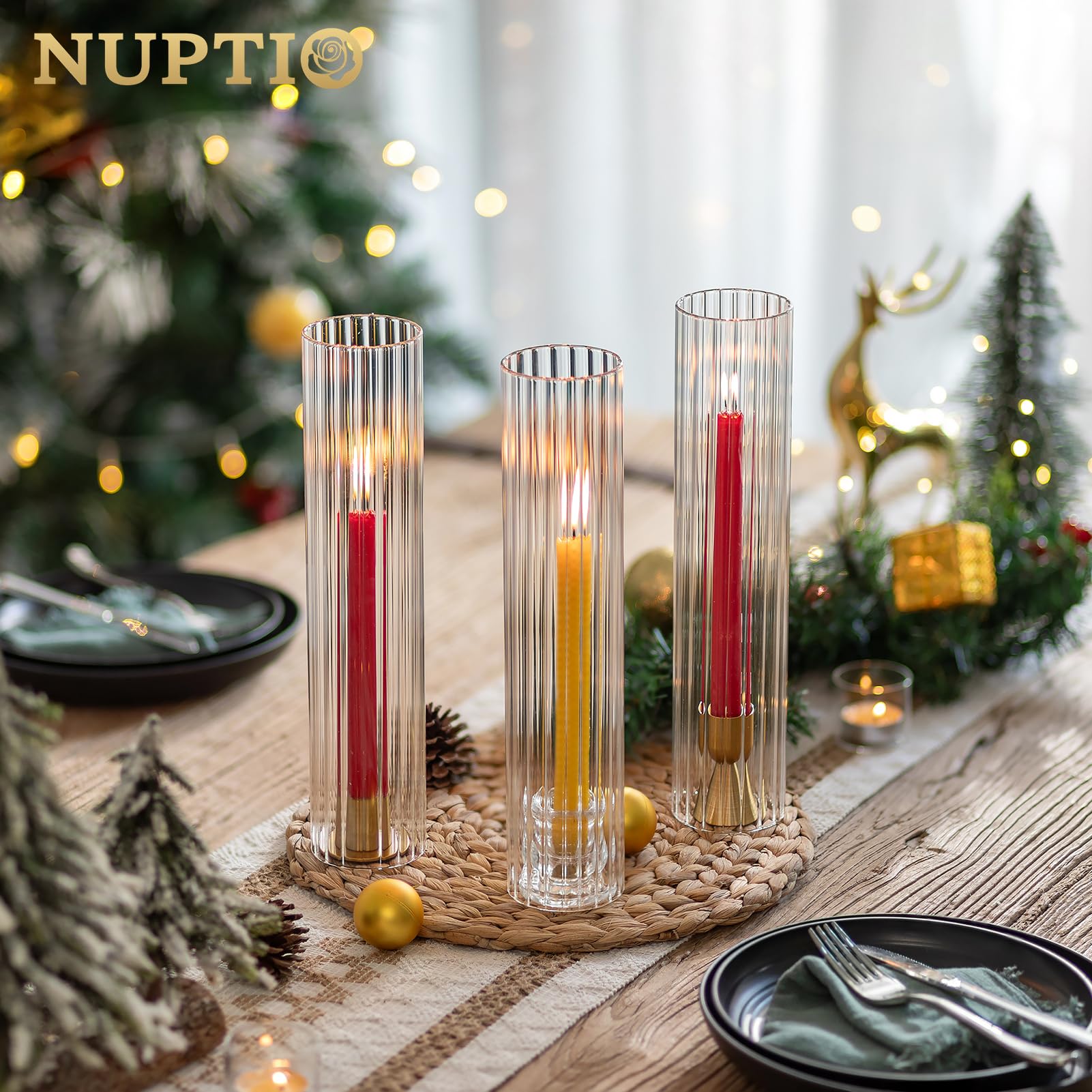 NUPTIO Portacandele a Uragano Matrimonio: 30cm x 6,5cm Paralume in Vetro A Coste per Candelieri - 6 Coperchi Decorativi per Candele A Cilindro Senza Fondo per Centrotavola All'aperto