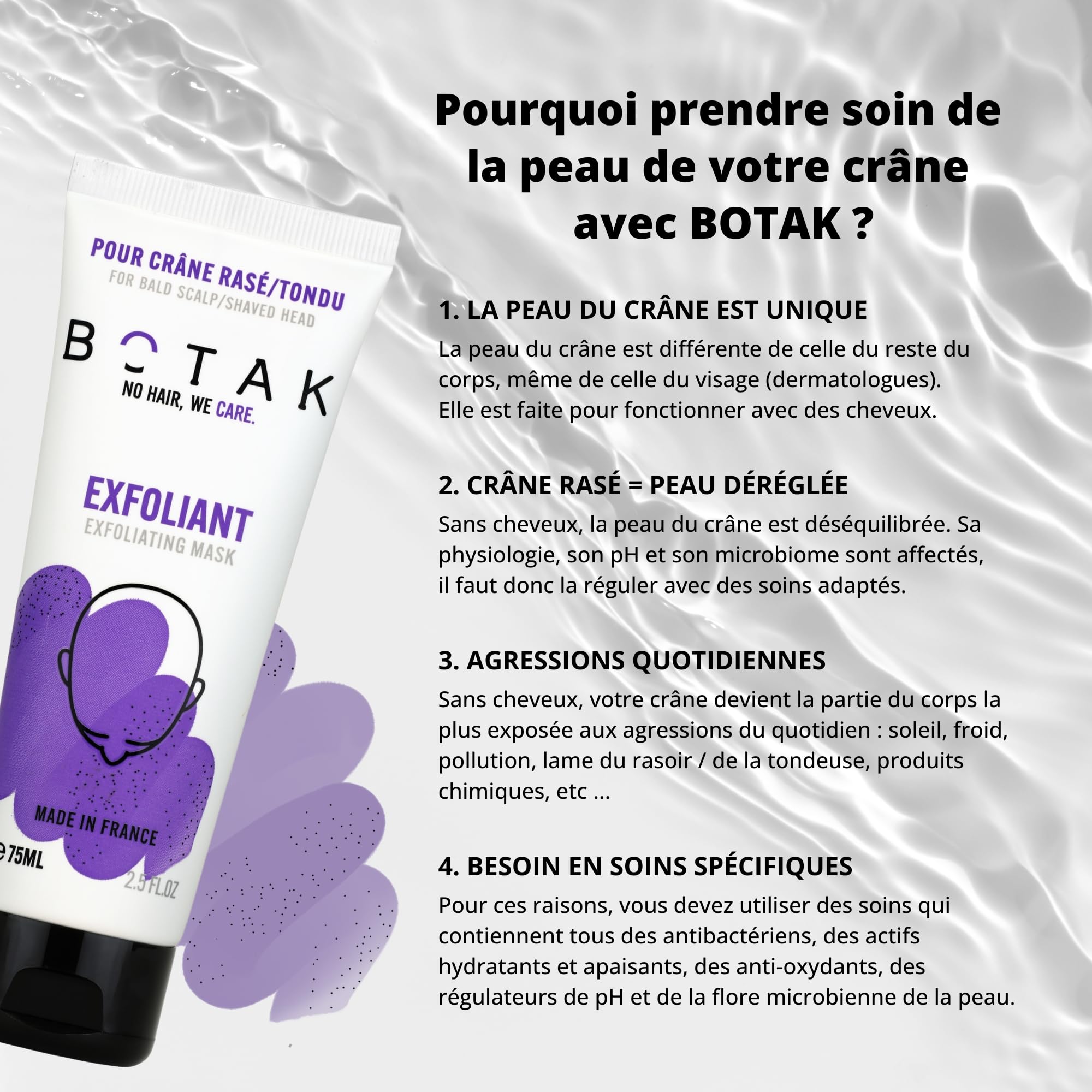 Masque Exfoliant Doux et Purifiant BOTAK Crâne Rasé et Chauve, Français | 99% d’origine naturelle, Vegan, Absorbe l’excès de sébum, limite boutons et poils incarnés, Régulateur de pH et microbiote