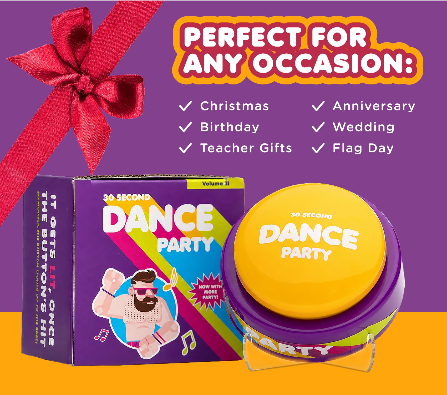 30 Second Dance Party Volume II | Bottoni per festa da ballo con musica, idea regalo, giocattolo per ufficio, arancione (confezione da 8)