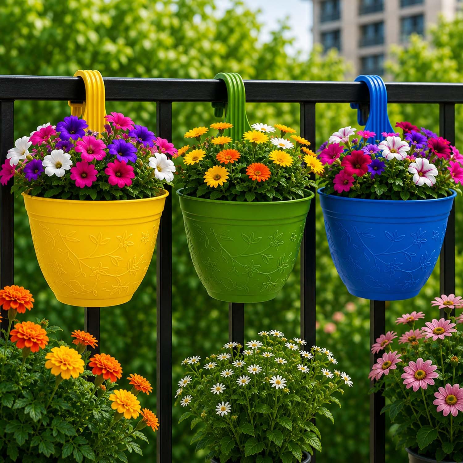 Amazon Brand - Solimo Hanging Planter Pots for Railing Pack of 3 | Plastic Victor Hook Flower Pots for Fence, Grill & Balcony (Multicolor, 16.5x9x19 cm) | Decorative Planters for Home Garden Décor-image-37