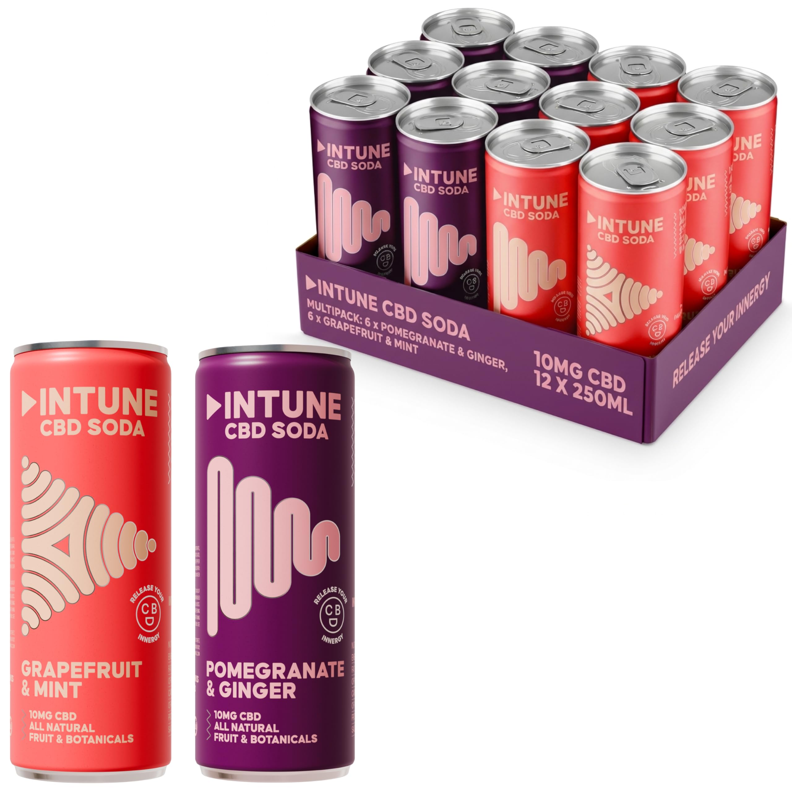 INTUNE CBD Drink Variety Pack | 2 Sparkling Fruit Flavours | Natural, Vegan, Low Calorie Drink | CBD Infused Soft Drinks | CBD can | Grapefruit & Mint and Pomegranate & Ginger | 12 x 250ml Cans