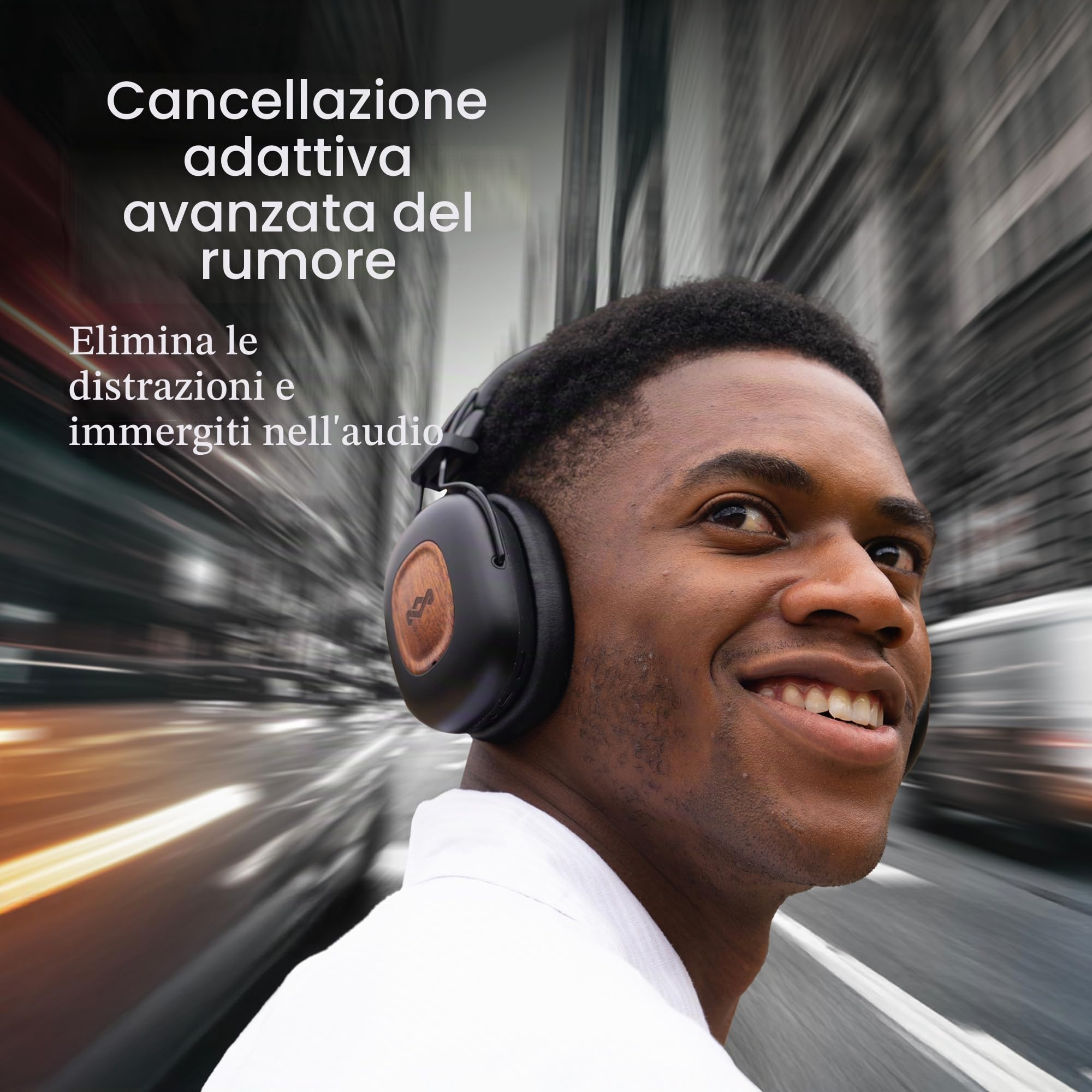 House of Marley Positive Vibration Rebel Cuffie Over-Ear ANC - Nero | Wireless Bluetooth, Cancellazione Adattiva del Rumore, Autonomia 130 Ore, IPX5, Driver da 40mm, Materiali Sostenibili