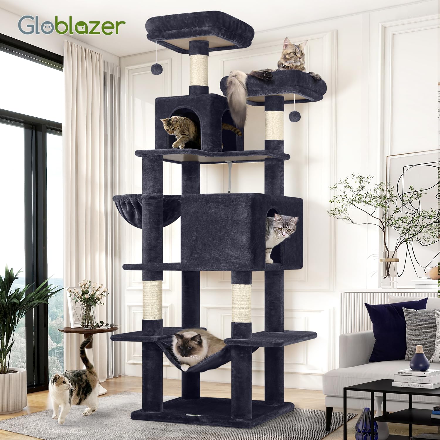 Globlazer F76 Kratzbaum 195 cm mit Große Katzenhaus Hängematte für 2 Katzen | Katzenbaum Stabil Weiche Plüsch, Sicherheit Kippschutz, Einfach zu installiere Aktivitätskratzbäume für Große Katzen Kätzchen