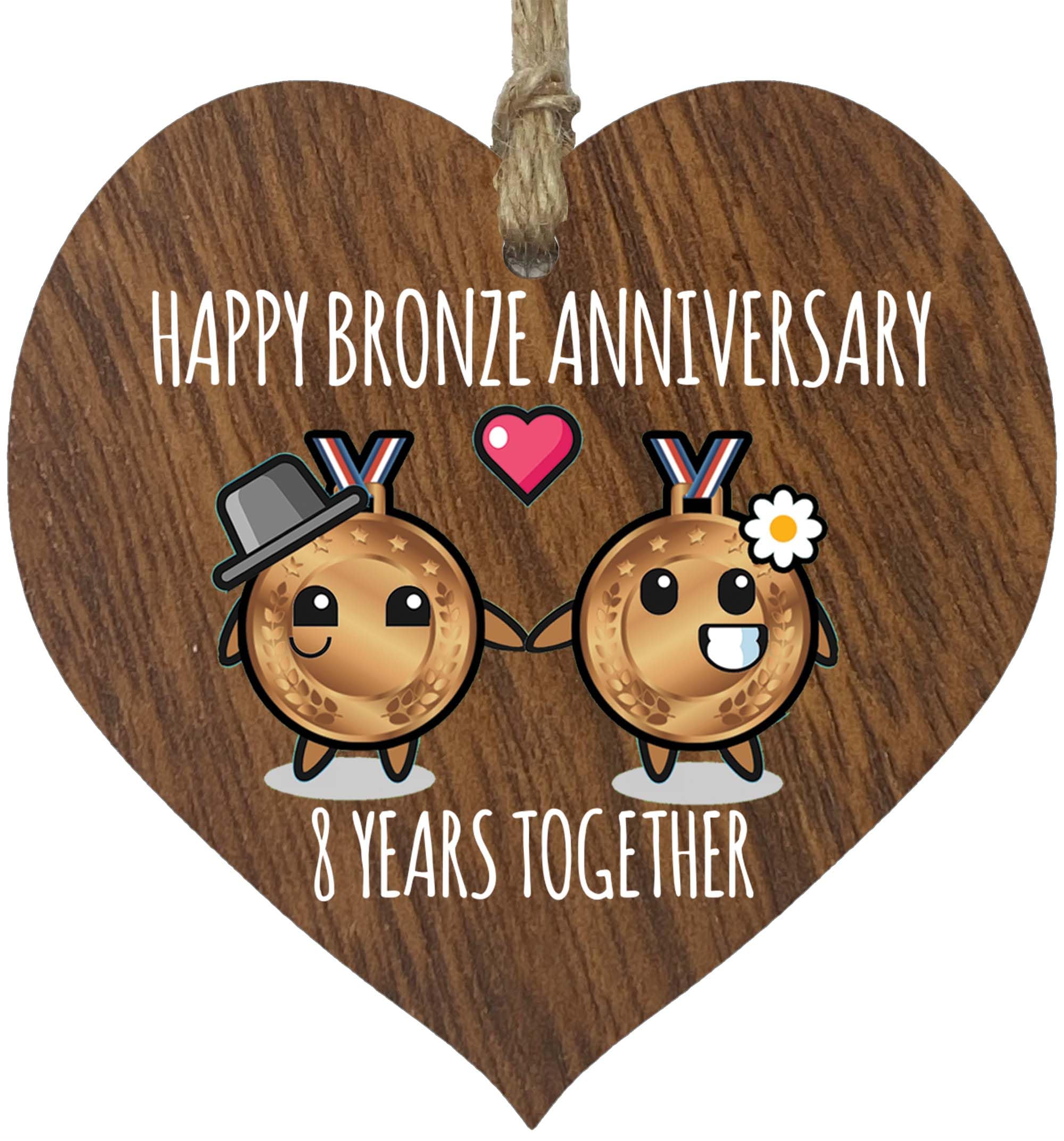 8th Wedding Anniversary Plaque Gift for Husband Wife - 8 Years Together - Happy Bronze Anniversary Wooden Heart for Women Men Partner, Dark Wood Sign Keepsake Gifts