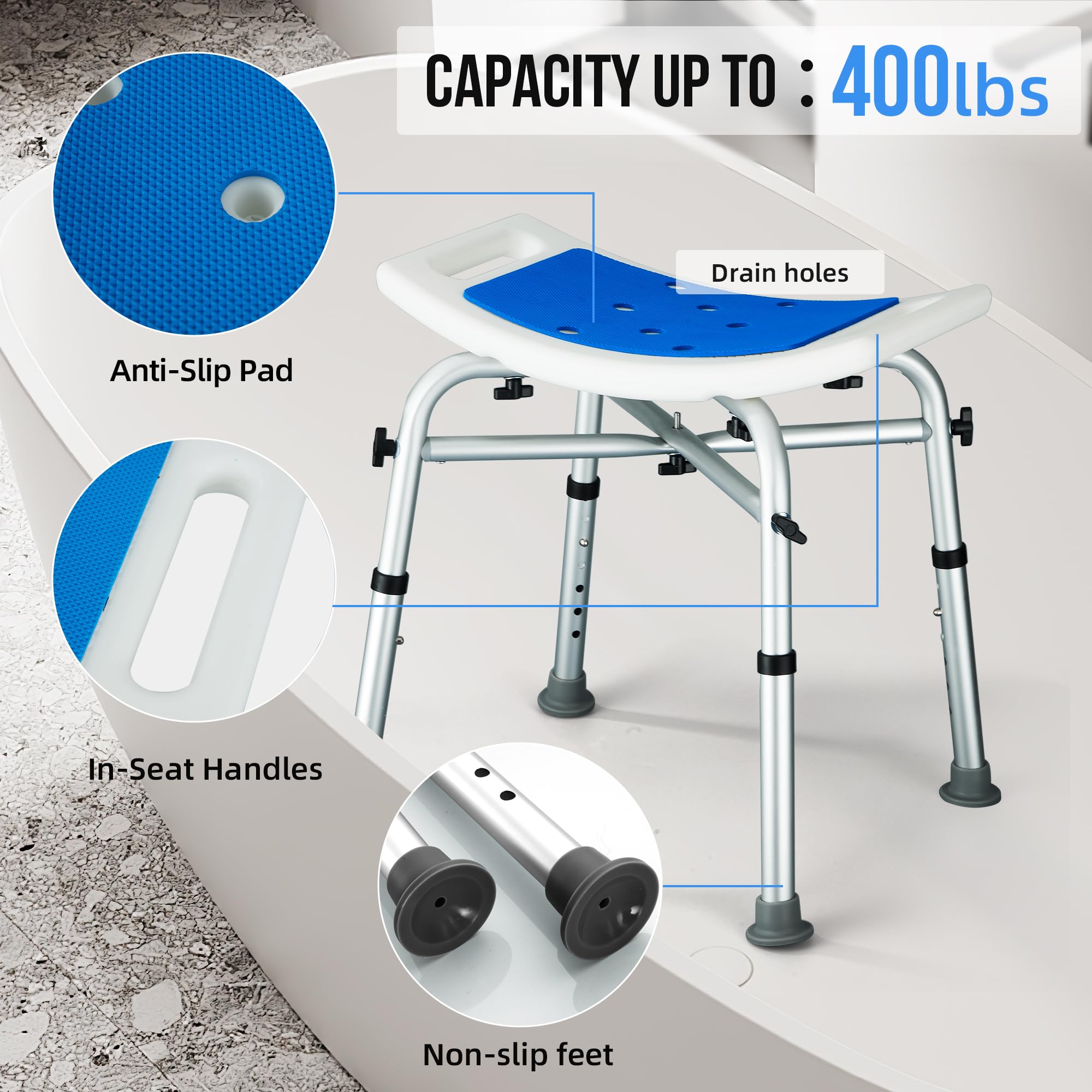 Sgabello Bagno, Sgabello per Doccia da Bagno Altezza Regolabile a 6 Livelli, Sedile da Doccia per Anziani Disabili, Sedia da Bagno Antiscivolo, portata fino a 180 kg
