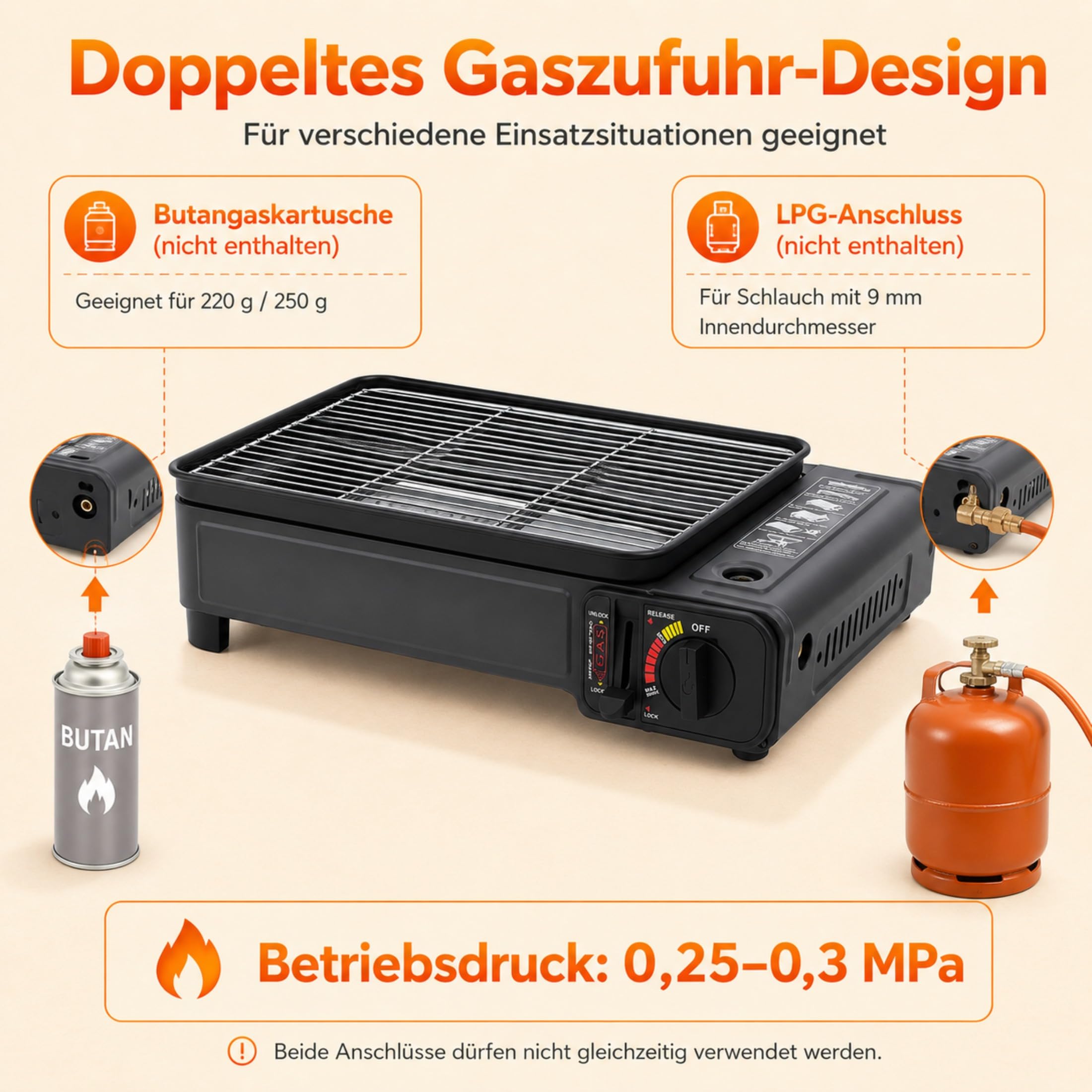 Camping grill gazowy 2,2 kW, przenośny, z 2 rusztami i torbą do przenoszenia, stołowy grill gazowy z zapłonem piezoelektrycznym i tacką na tłuszcz, kuchenka gazowa 2 w 1 na kartusze i butle gazowe
