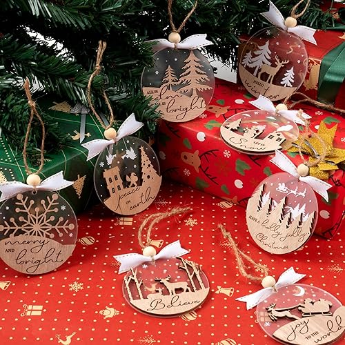 Miniatura 5 de GuassLee 16 adornos colgantes de Navidad de invierno para árbol – Recortes de Navidad acrílicos de madera 3D, renos, muñeco de nieve, copos de nieve