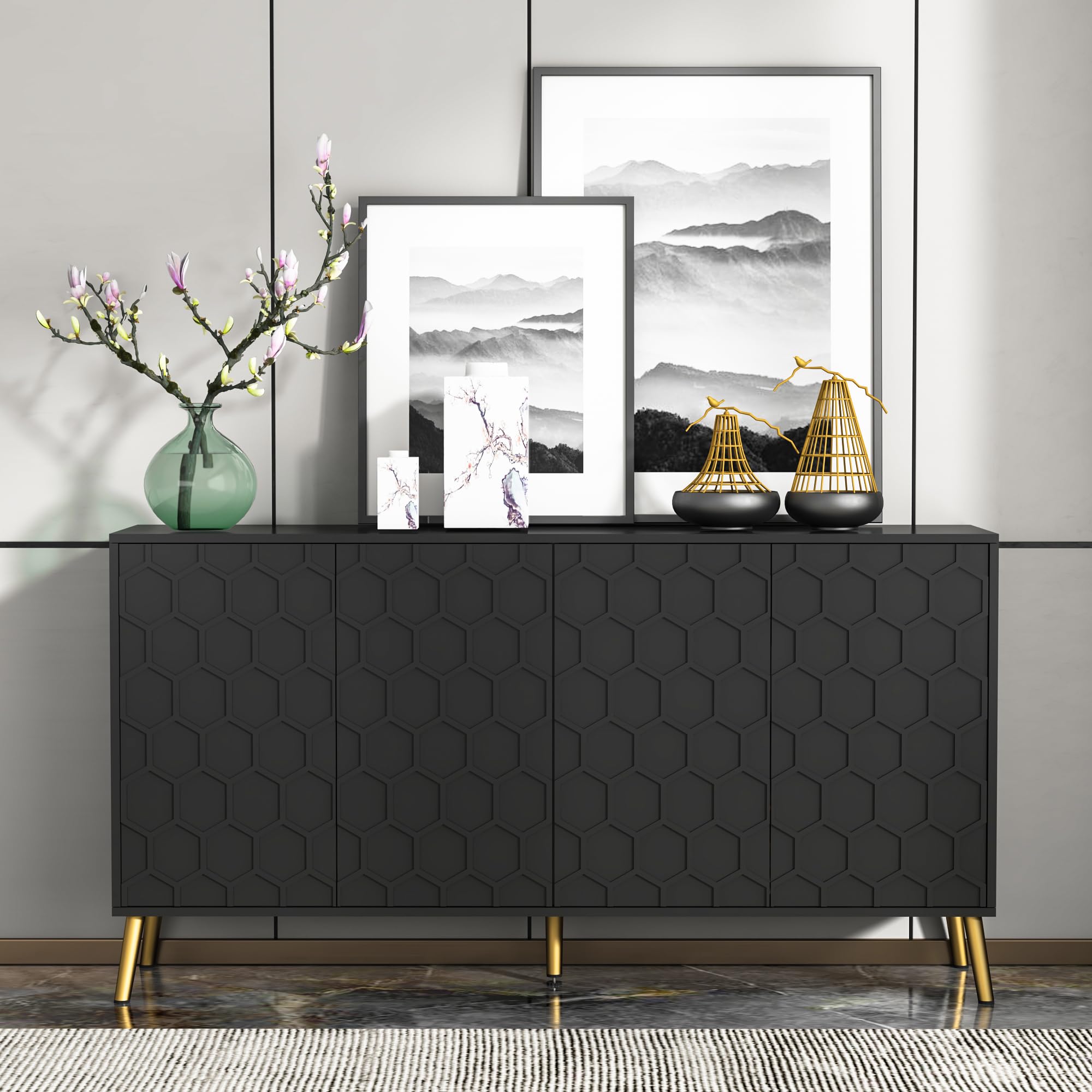JEJEGORICH Modern Sideboard Buffet Cabinet with Storage Accent Sideboard Wood Buffet Cabinet with 4 Door Cupboard TV Console Table for Kitchen Dining Living Room Hallway