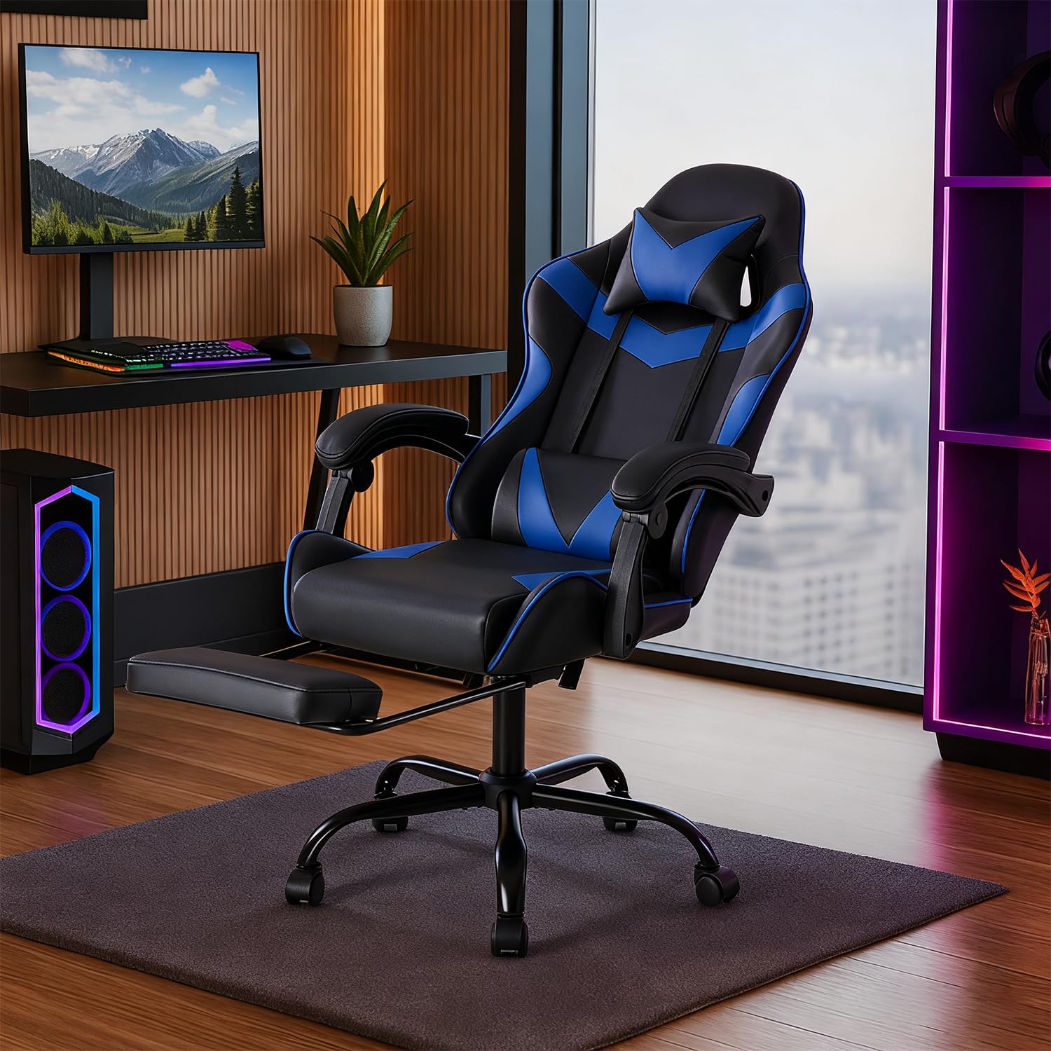 DUMOS Silla para Gaming, Silla ergonómica para Gamer, con reposapiés, reposacabezas y Soporte Lumbar, Altura Regulable, Acolchada, 150 kg, soporta hasta 150 kg, Color Negro y Azul