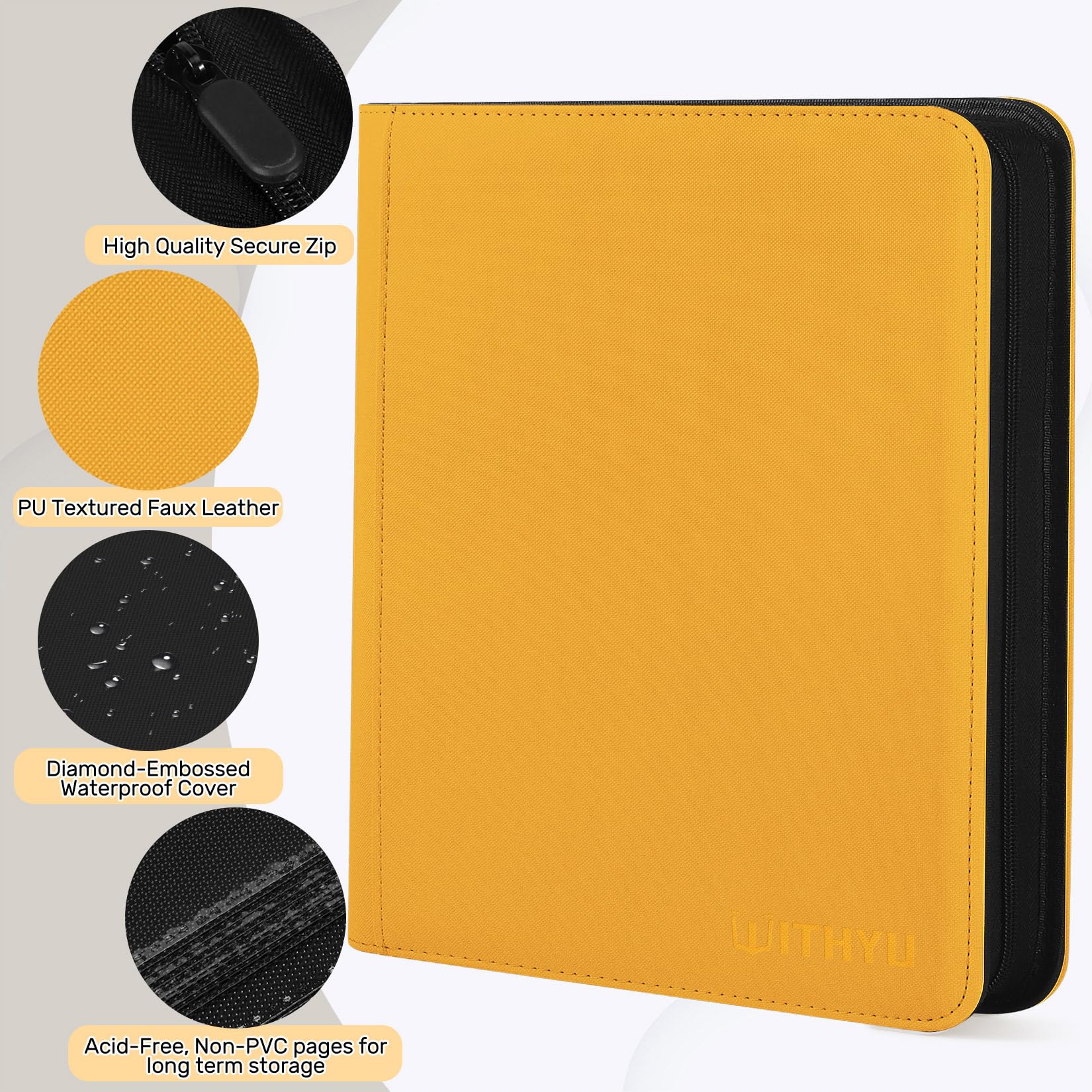 WITHYU Álbum de Colección de 12 Bolsillos, Capacidad 720Cartas, Carpeta Impermeable para Carpetas, Carga Lateral con Cremallera para TCG, Fútbol y Tarjetas Coleccionables, Portátil (Amarillo)