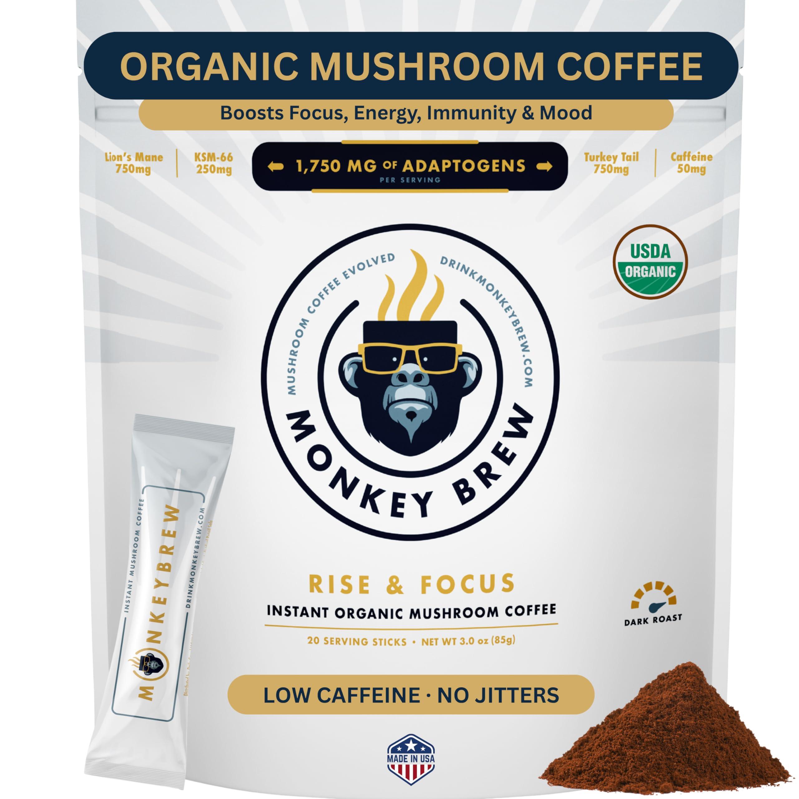 Monkey Brew Rise & Focus USDA Organic Mushroom Coffee | Boosts Focus, Energy, Immunity & Mood | 1,750mg Adaptogens: Lion’s Mane, Turkey Tail, KSM-66