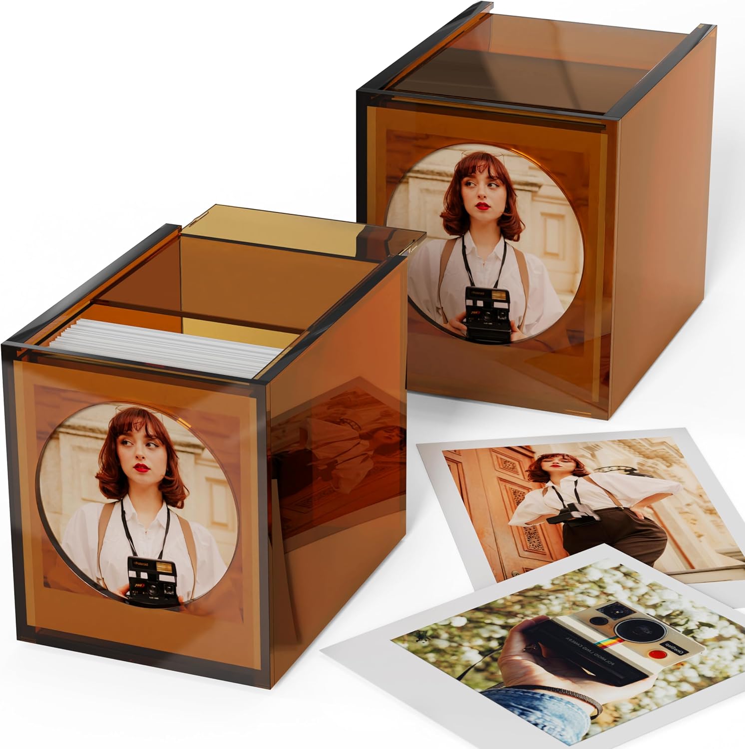WINKINE Acrylic Polaroid Photo Storage Box & Frame, Photo Frame for Film 4.2’’x3.5’’ with Sliding Lid, Polaroid Storage Box for i-Type/600/SX-70 Films, Amber, 2 Pack