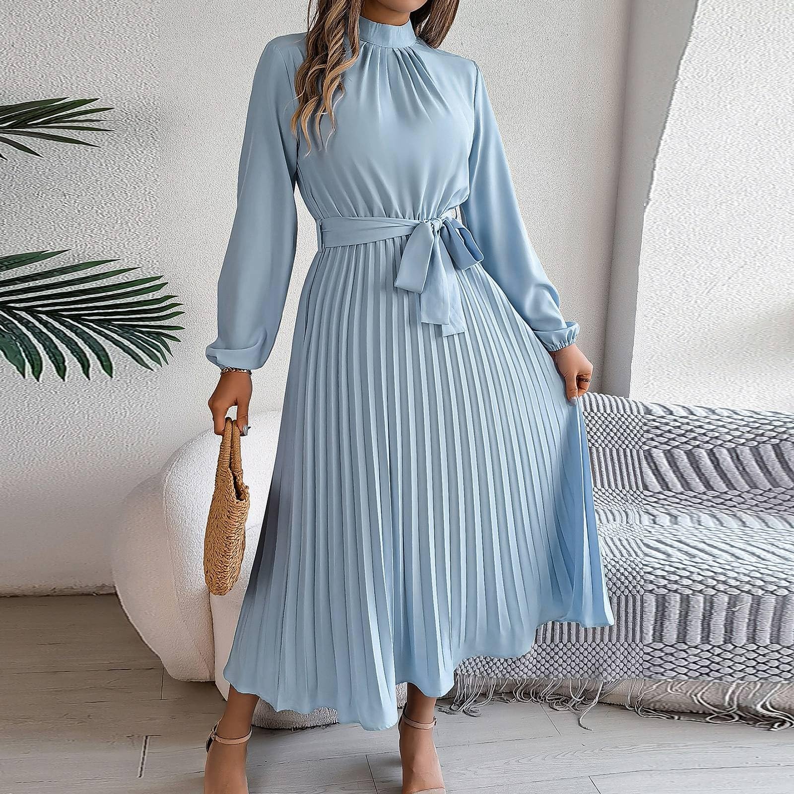 Kleid Damen Langarm Abendkleider Elegant Für Hochzeit Lang Frühlingskleid Plissee Kleider Faltenkleid Mit Gürtel Maxikleid Frauen A Linie Casual Freizeitkleid Stehkragen Herbstkleid Puffärmel