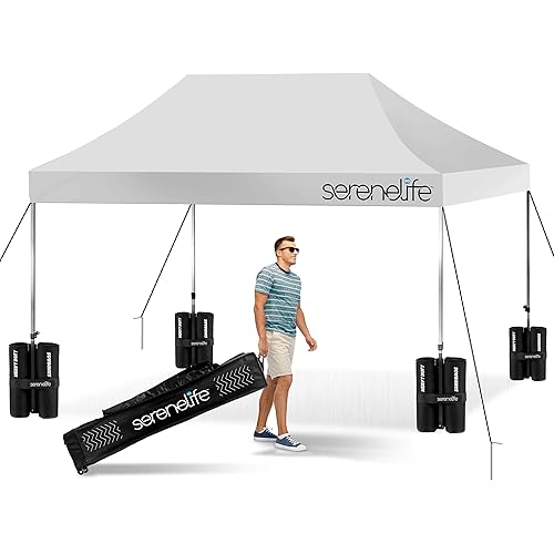 Pop Up Canopy Tent 10x15 - Commercial Instant Shelter Foldable/Collapsible Sun Shade Canopy Pop Up Tent w/Waterproof UV Resistant Tent Top, Portable Carry Bag & Sand Bag - SereneLife SLGZ15W (White)