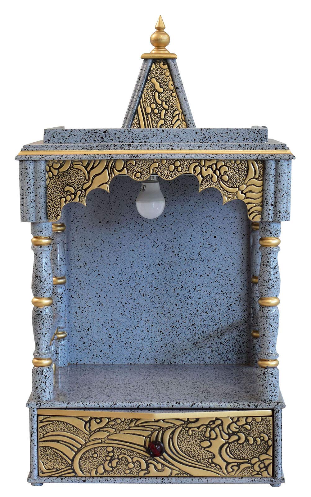 Samdecors Pooja Temple/Mandir Engineered Wood Silver-Grey with Tray and One Drawer (Marble Finish, Golden Highlights)