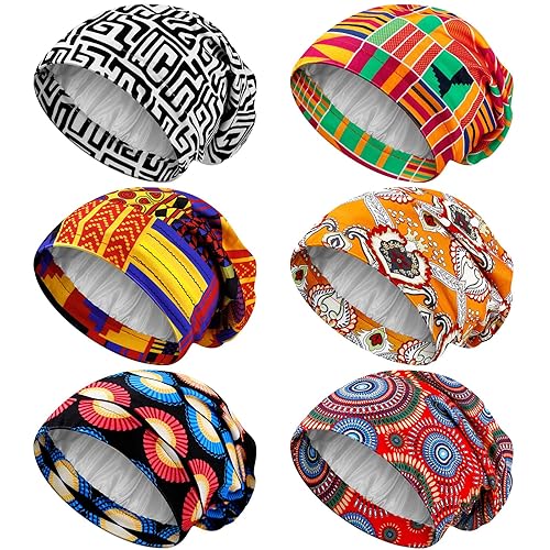 6 gorros de dormir con forro de satén para mujer, gorro de seda africana para dormir, sombrero rizado natural