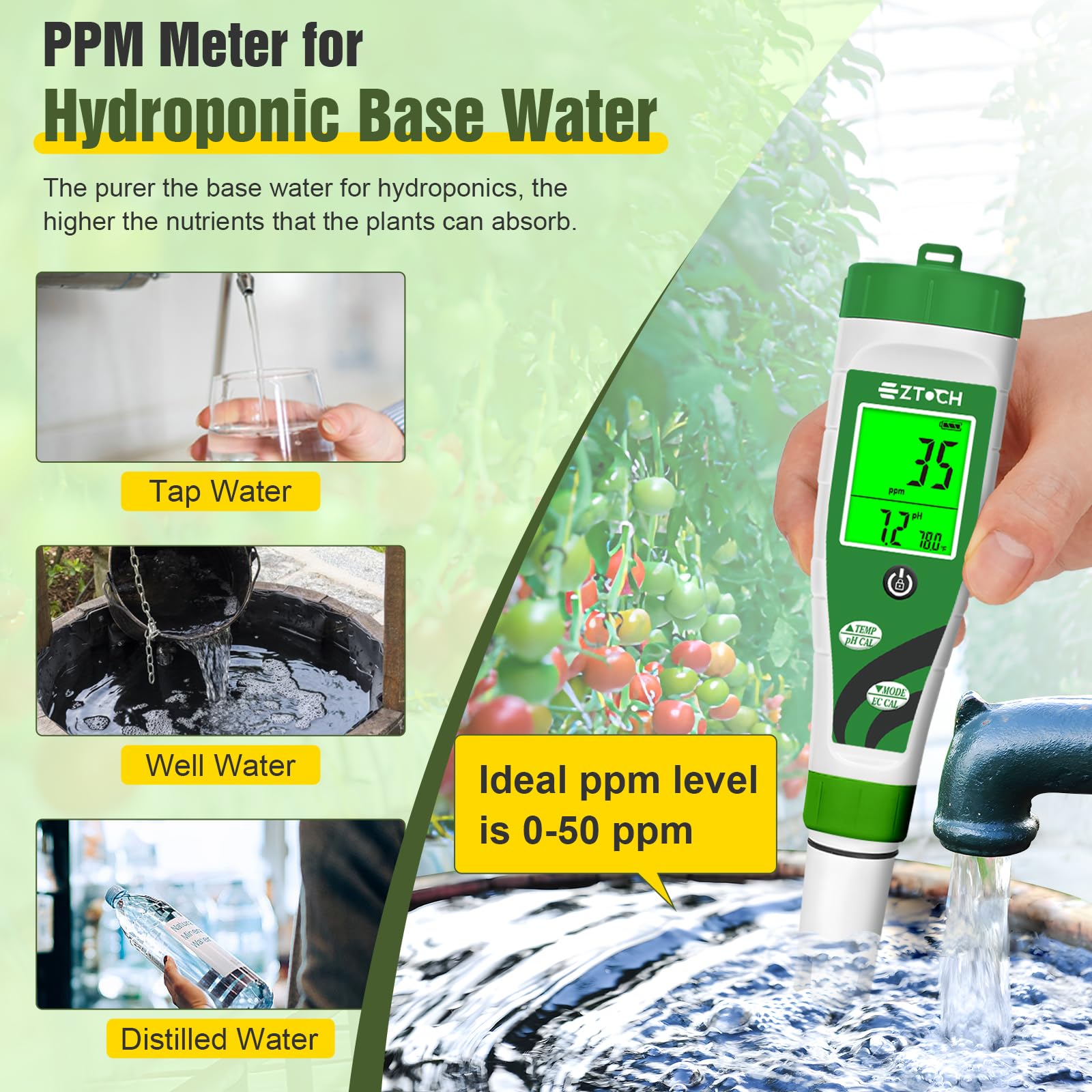 pH-EC-Messgeräte für hydroponische, pH-EC PPM-Messgeräte mit gleichzeitiger Anzeige für Reservoir-Nährlösung, pH-TDS-Messgeräte für Wasserhydroponie-DWC-Systeme, Messleitfähigkeit für Aquaponik