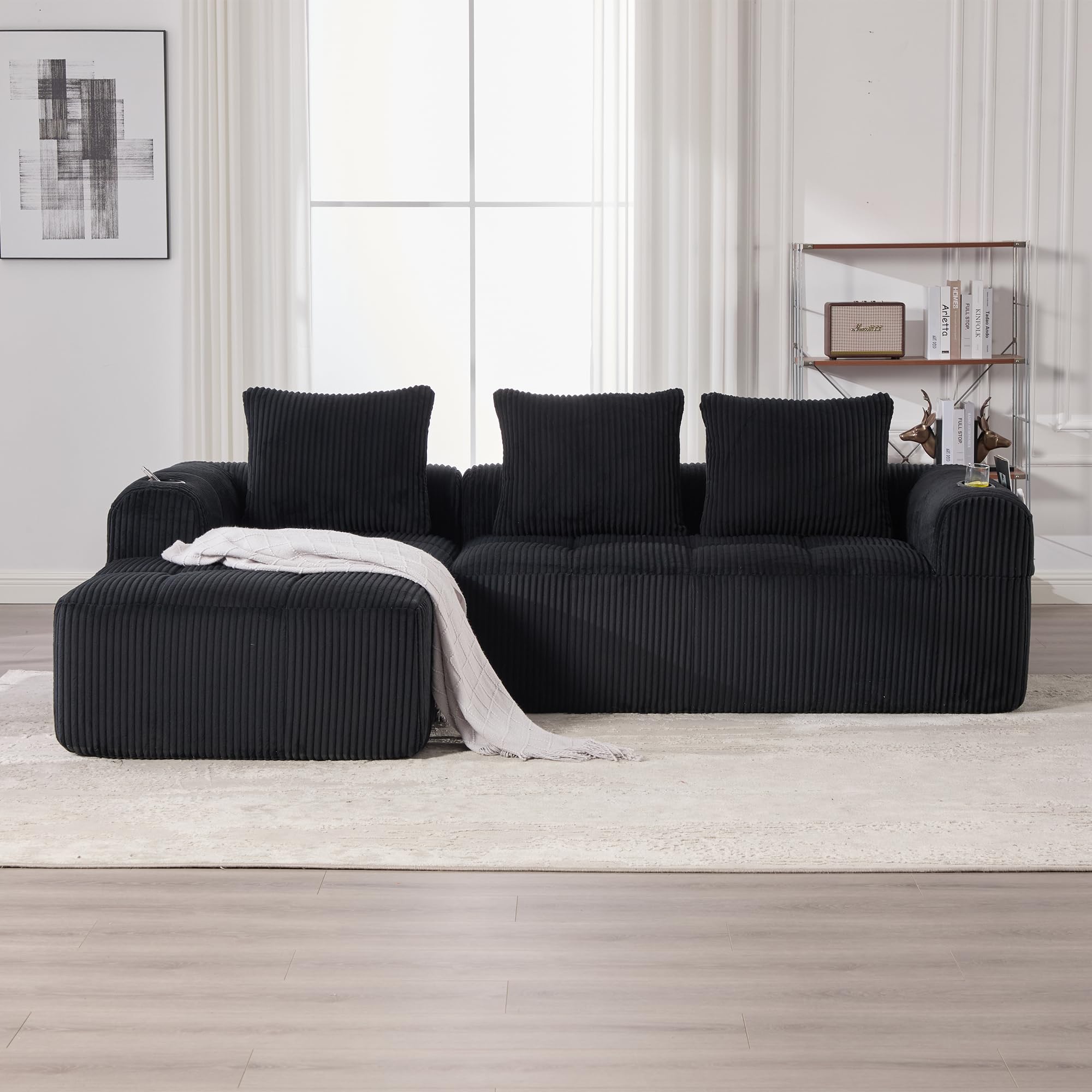 Modułowa sofa do spania z systemem łączenia DIY, wysokiej jakości szezlong z kieszenią boczną i 3 poduszkami, sofa z uchwytem na napoje, czarna