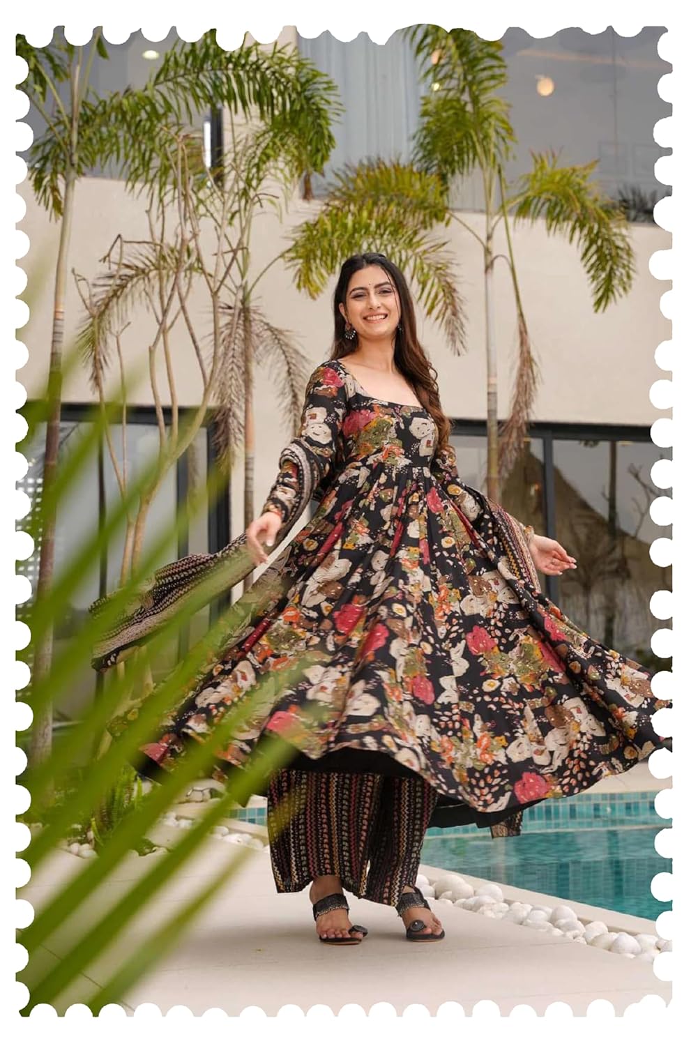 ANNI DESIGNER | Rayon Anarkali Printed Kurta with Palazzo & Dupatta | Women’s Kurta Set with Dupatta | Cotton Anarkali Suit for Women Ethnic Dress | Stylish Kurti Set