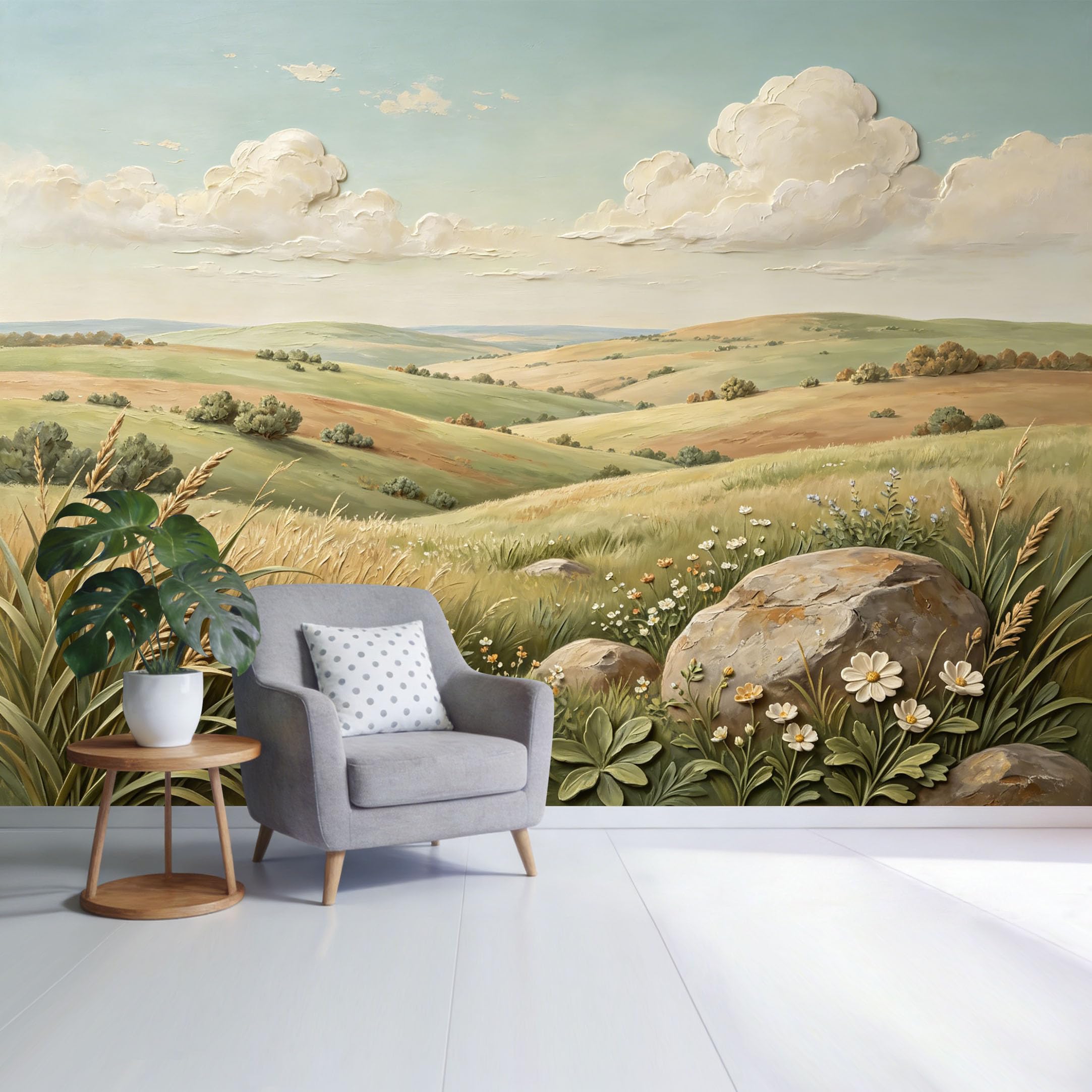 Custom Size Wall Mural Serene Meadow Landscape Rolling Hills Wildflower Field Botanical Nature Scene SelfAdhesive Wall Fabric Removable Wallpaper for Home Office Decor