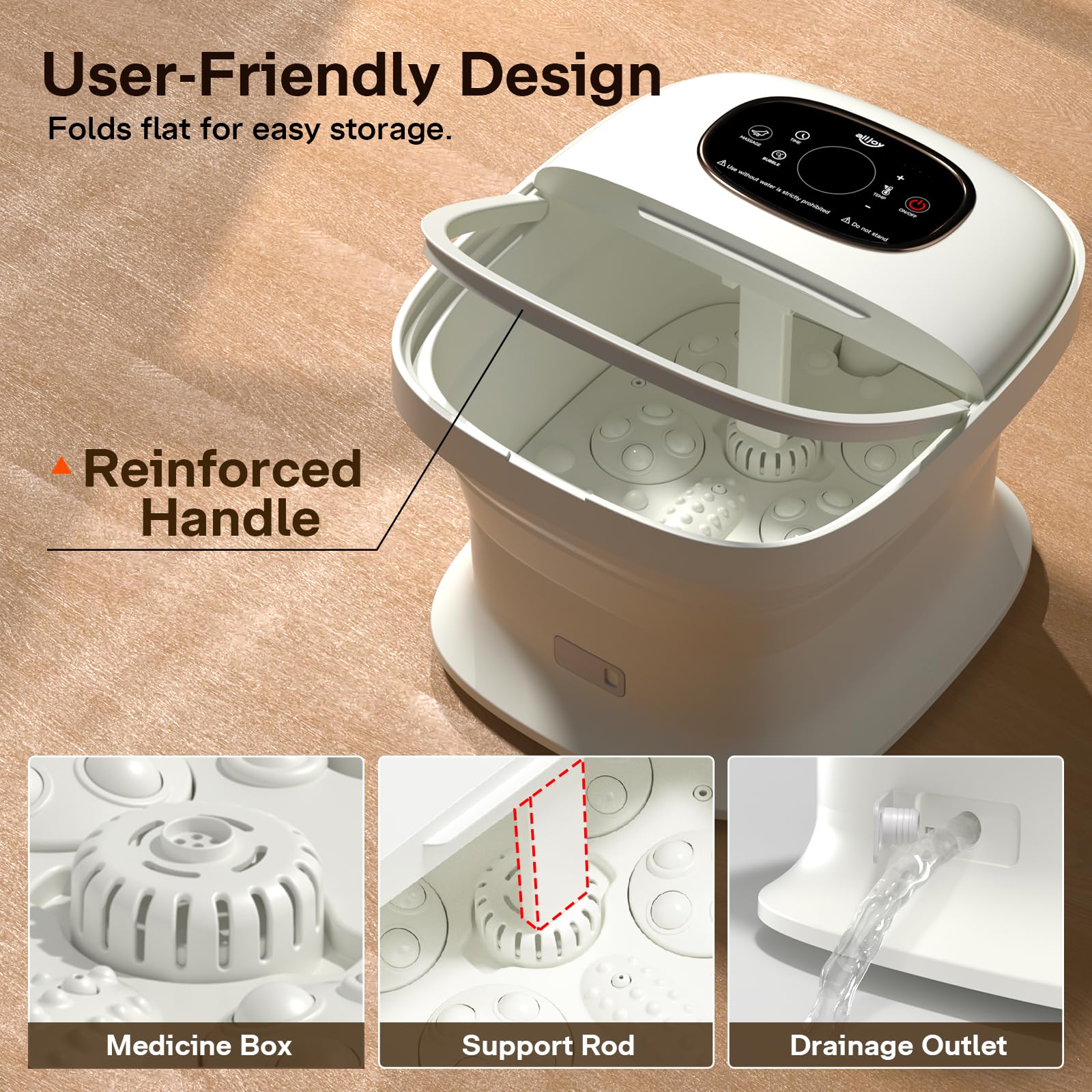 ALLJOY Thalasso Pieds Pliable avec Massage Automatique - Bain de Pieds Électrique avec 4 Rouleaux Motorisés, Bulles, Chauffage Rapide, Barre de Support Stable, Idéal jusqu'à Taille 46, Blanc