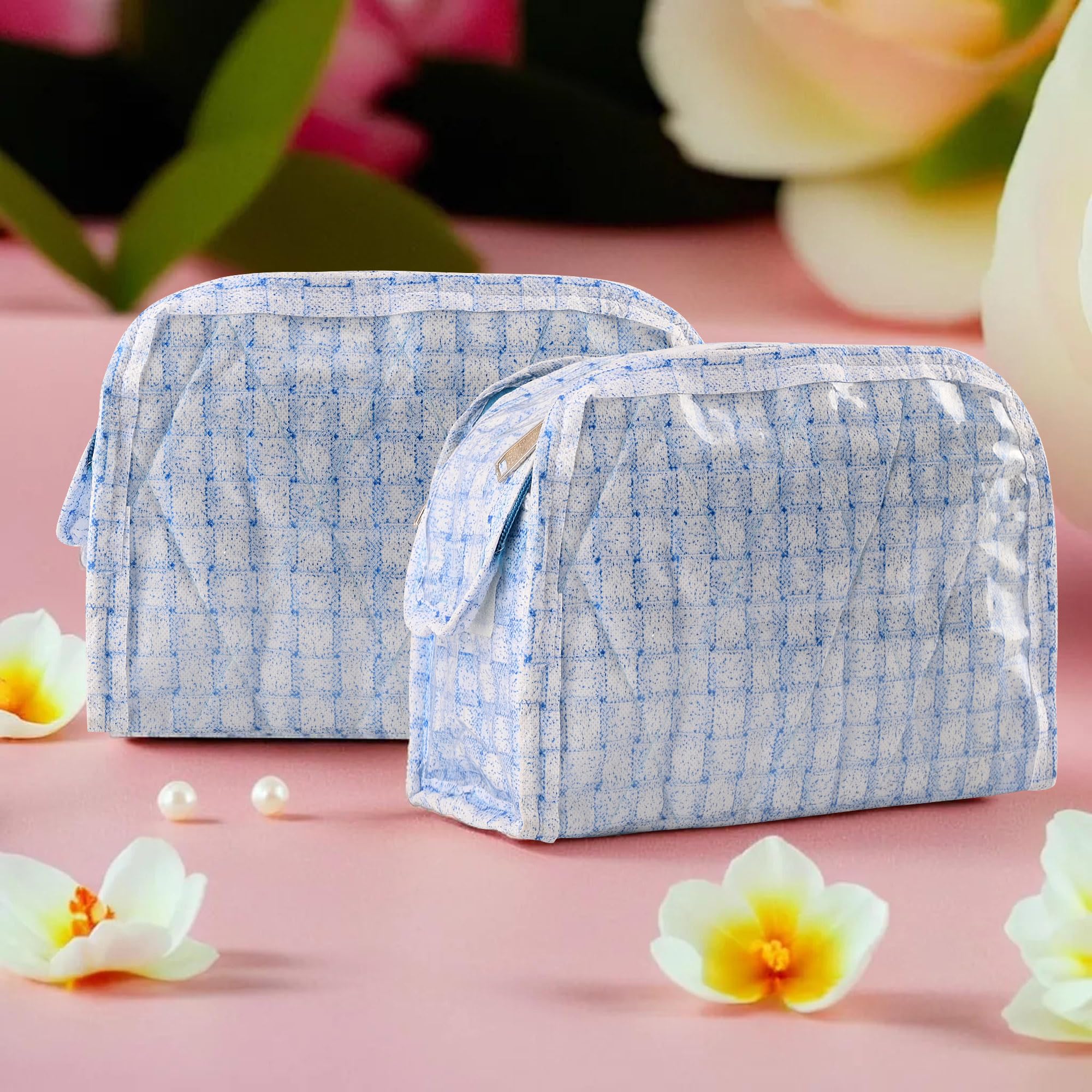 Kuber Industries Makeup Storage Bag | Vanity Box for woman | Watch Organizer | Cosmetic Storage Kit | Makeup Kit with Handle | D Shape Jewellery Storage Bag | Check-Design | Pack of 2 | Blue