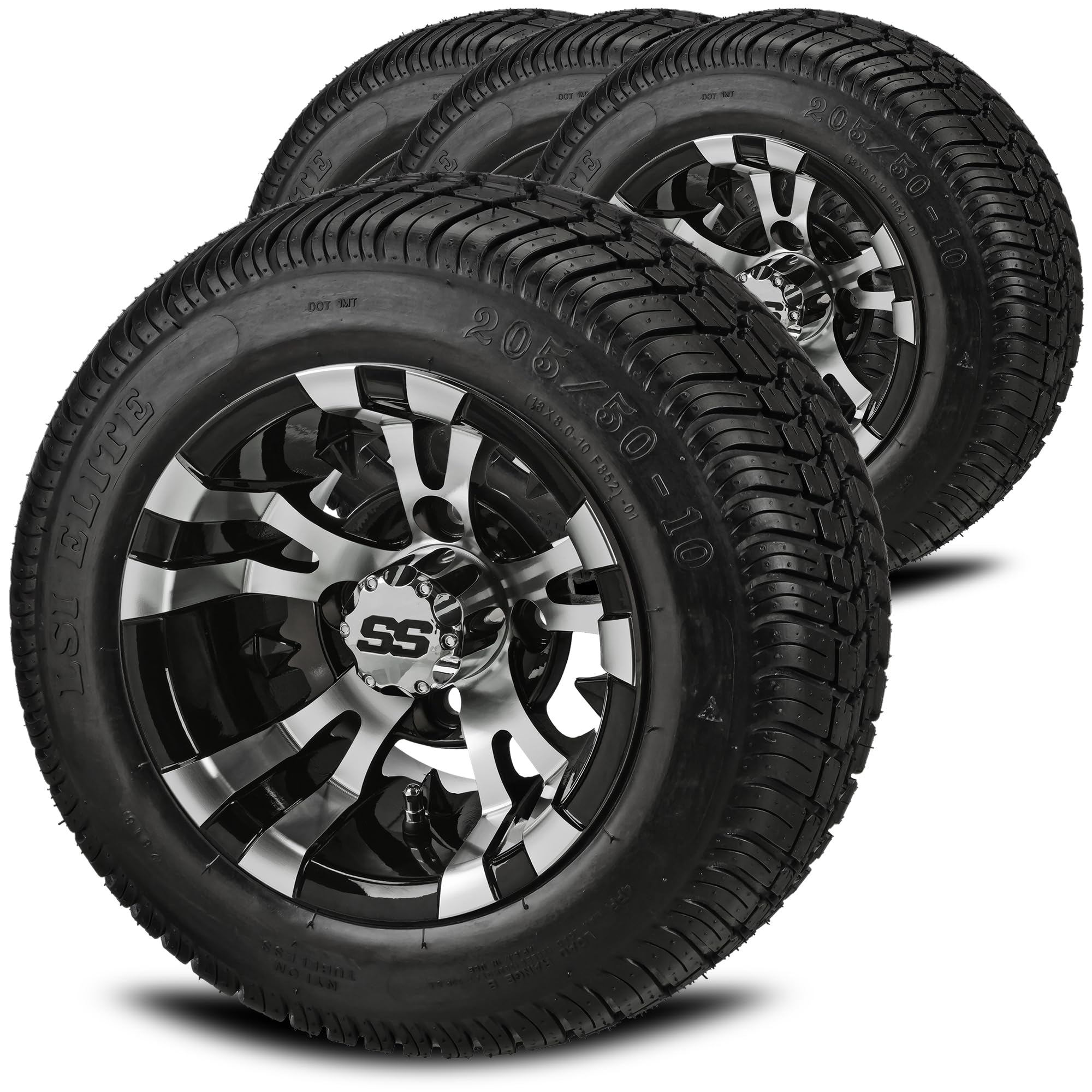 RM Cart 10" Warlock Black/Machined on 205/50-10 LSI Elite Low Pro Tires (Set of 4) | Golf Cart Tires and Wheels Combo with Standard Lug Nuts