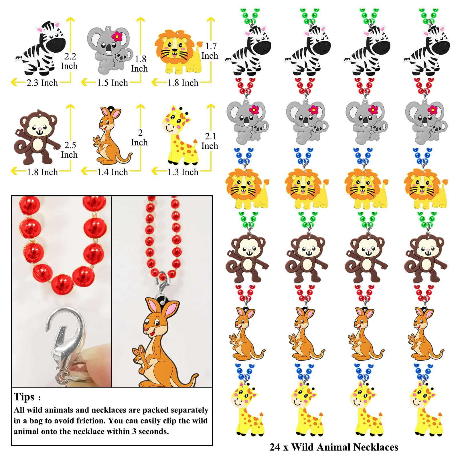 KeeStar 24 Pack Wild Animal Necklace Party Favors for Safari Animal Themed Baby Shower, Birthday Party Goodie Bag Fillers, School Carnival Rewards, Photography Props, Home Decorations, Classroom Prize