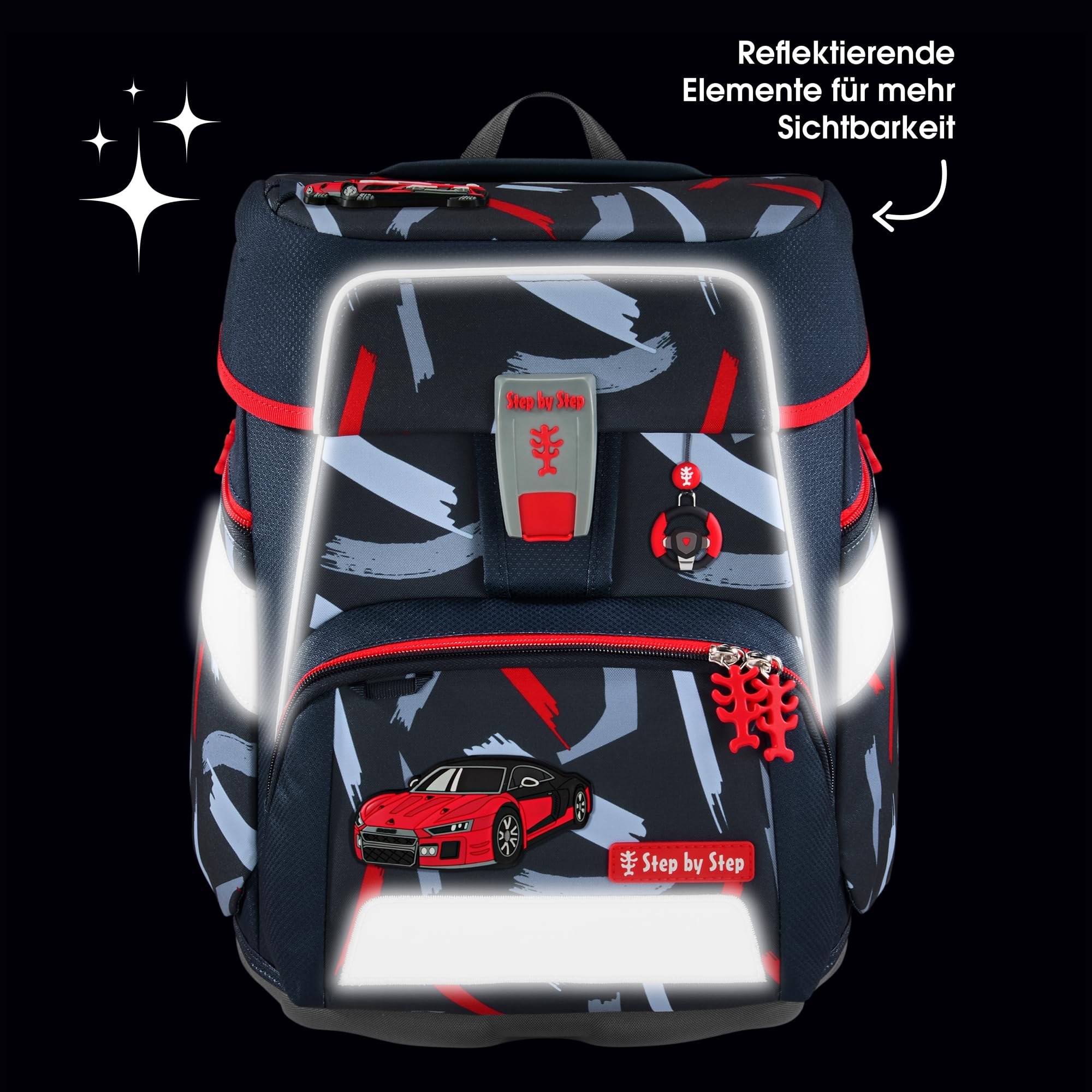 Step by Step Schulranzen-Set SPACE „Sports Car Mick“ 5-teilig, grau-rot, Auto-Design, ergonomischer Tornister mit Reflektoren, höhenverstellbar mit Hüftgurt für Jungen ab der 1. Klasse, 20L